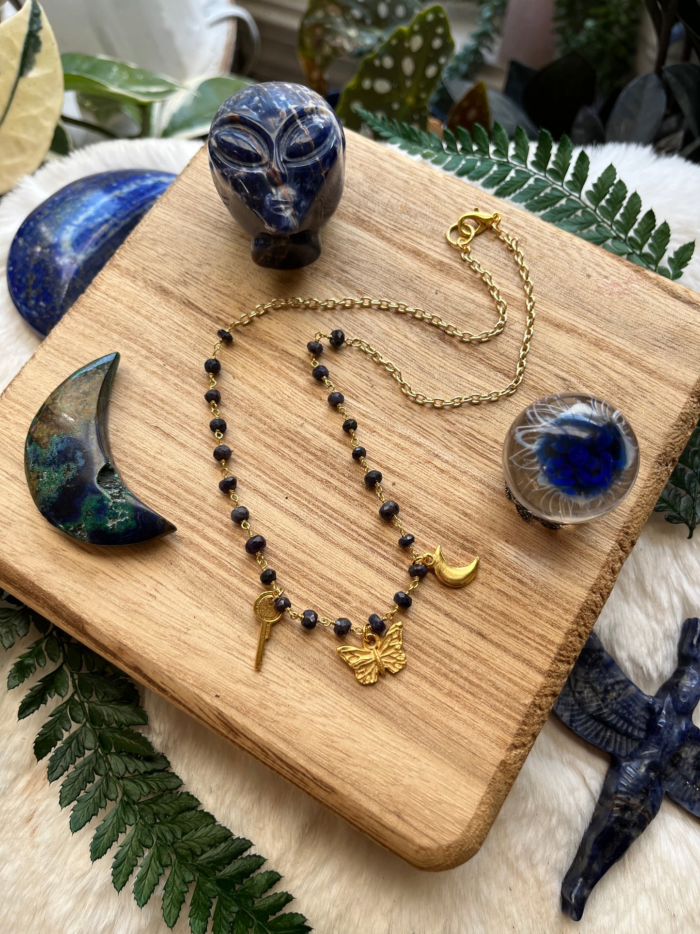 Sapphire & Gold Charm Necklace — Key, Moon & Butterfly
