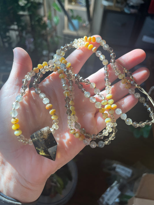 Glowing Goddess Mala — Yellow Opal, Citrine & Smokey Quartz
