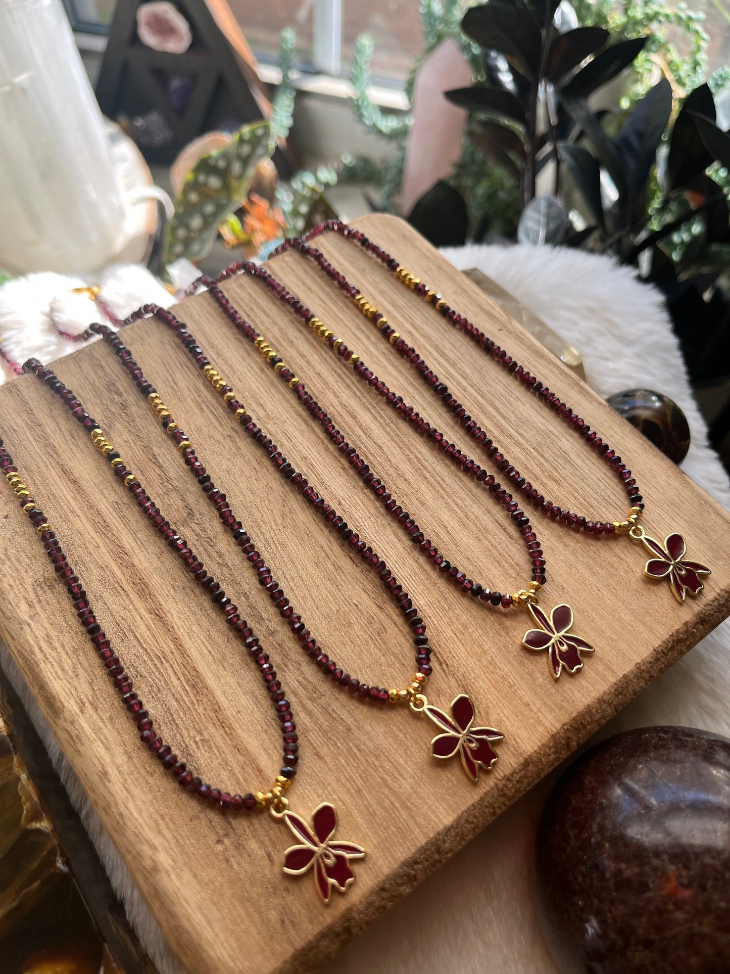 Garnet Orchid Necklace in Deep Red and Gold