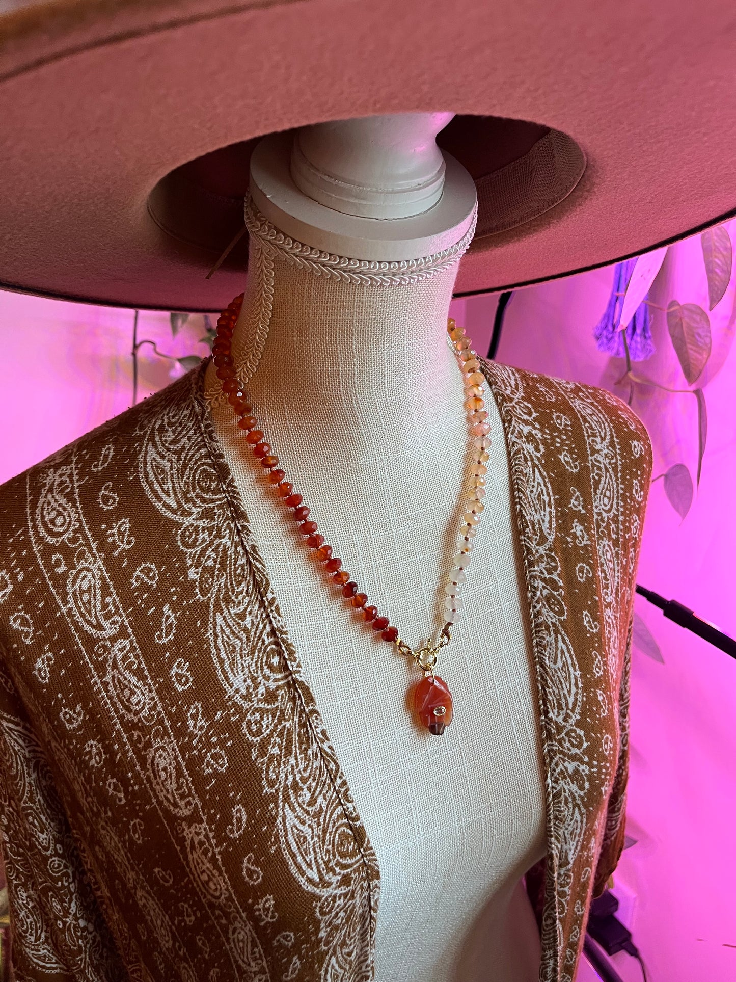 Hamsa necklace, “Fire Within” gem candy necklace, carnelian necklace, carnelian jewelry, knotted rondelle necklace, luxe gem necklace