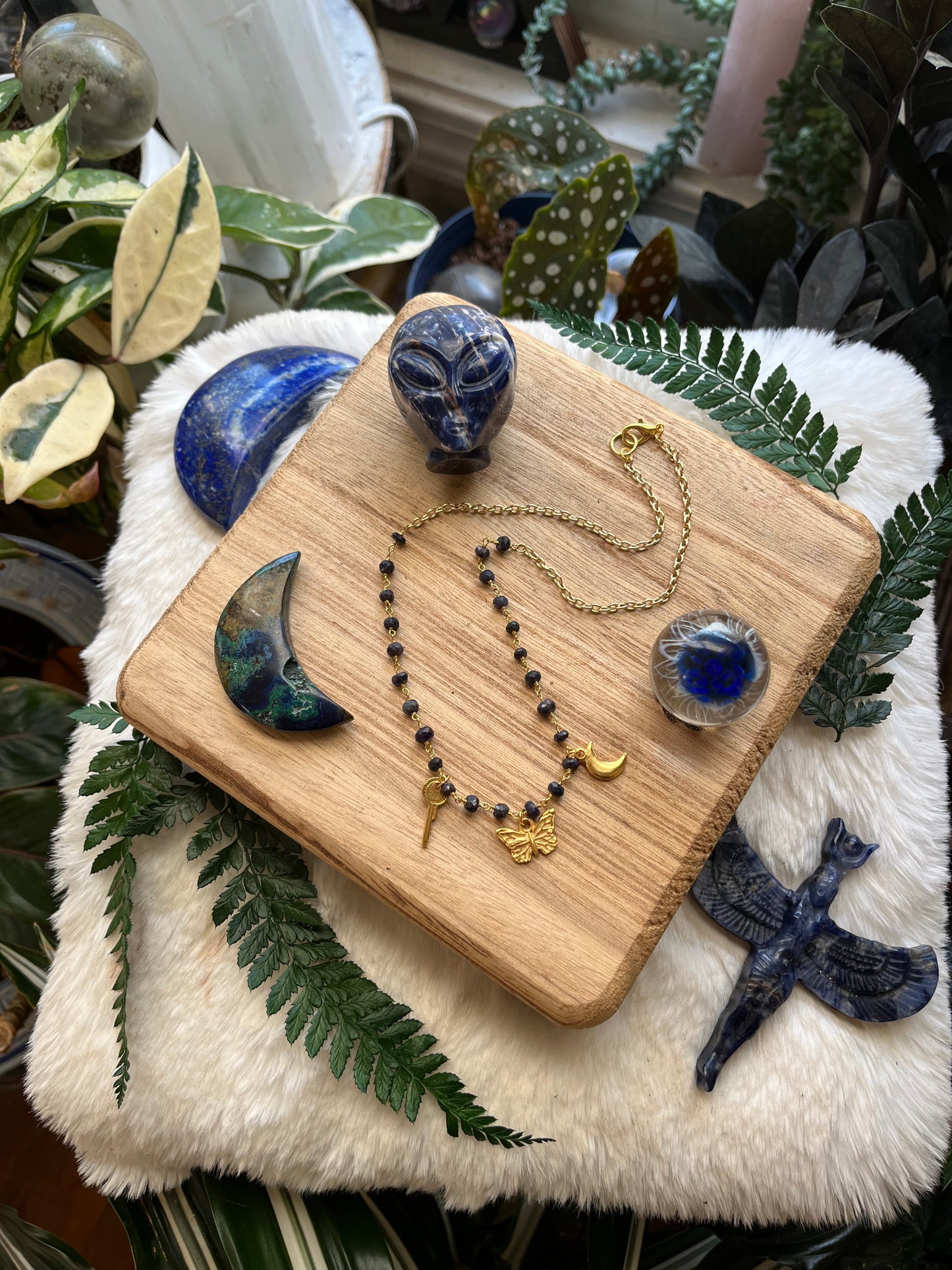 Sapphire & Gold Charm Necklace — Key, Moon & Butterfly