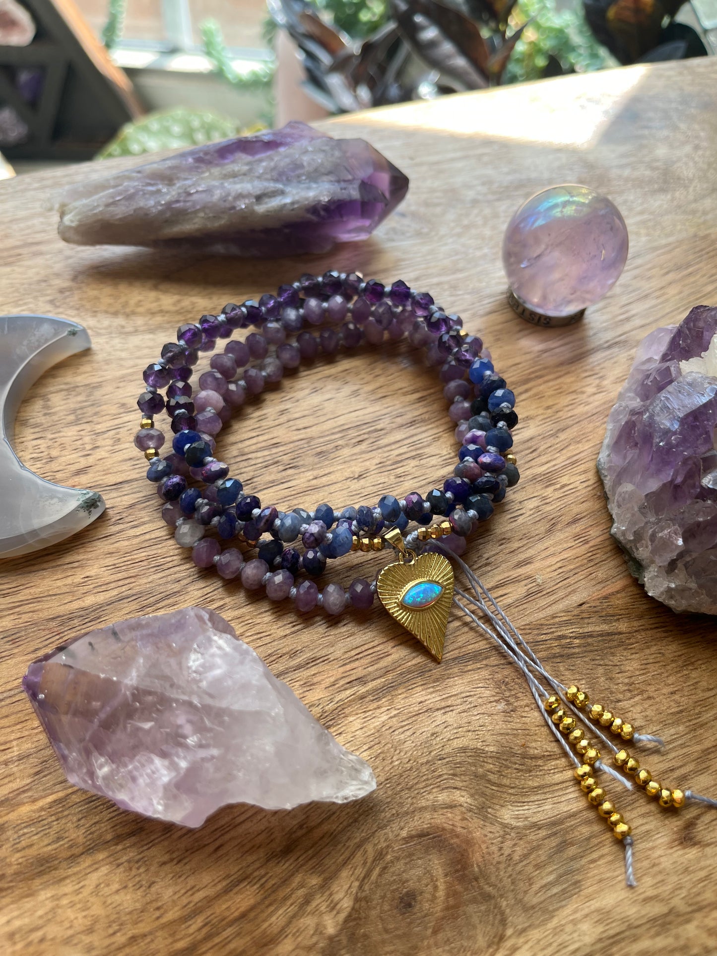 Amethyst, Sugilite, Lepiodlite, mala beads, prayer beads, spirit beads, mala necklace, rondelle mala necklace
