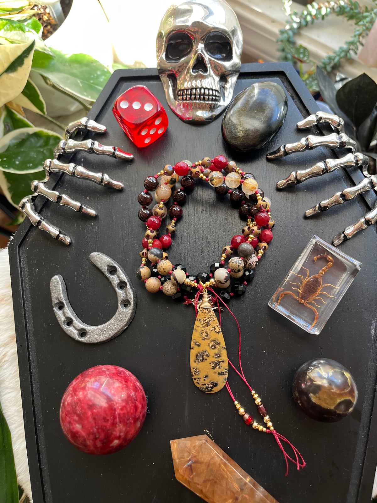 Handmade Leopard Jasper Mala Necklace | Onyx, Coral, Rutile Quartz Beads (Vintage Style)