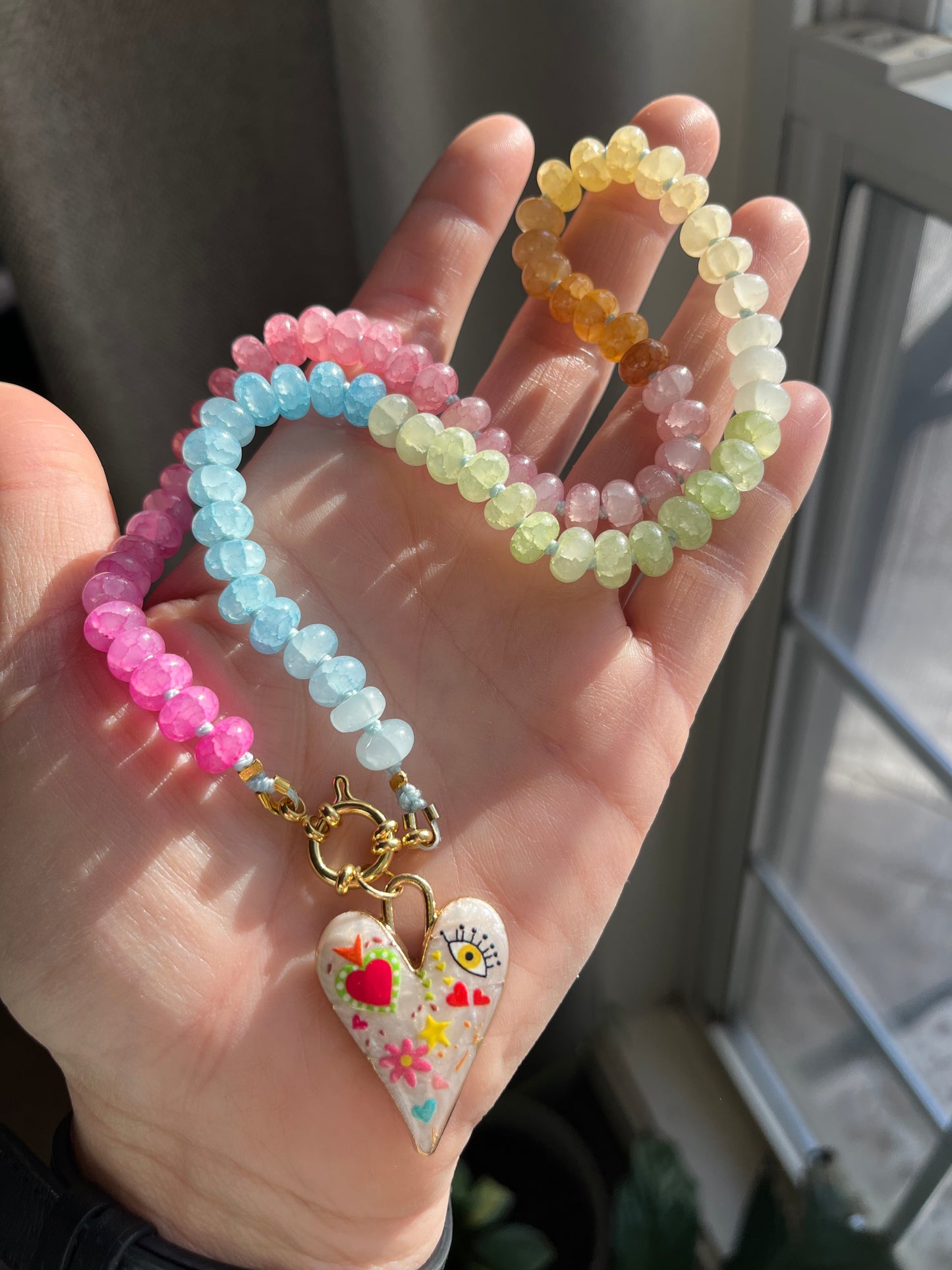 Pastel Daydream, Pastel Jade Gemstone Choker, Gold Filled Clasp, Enamel Charm