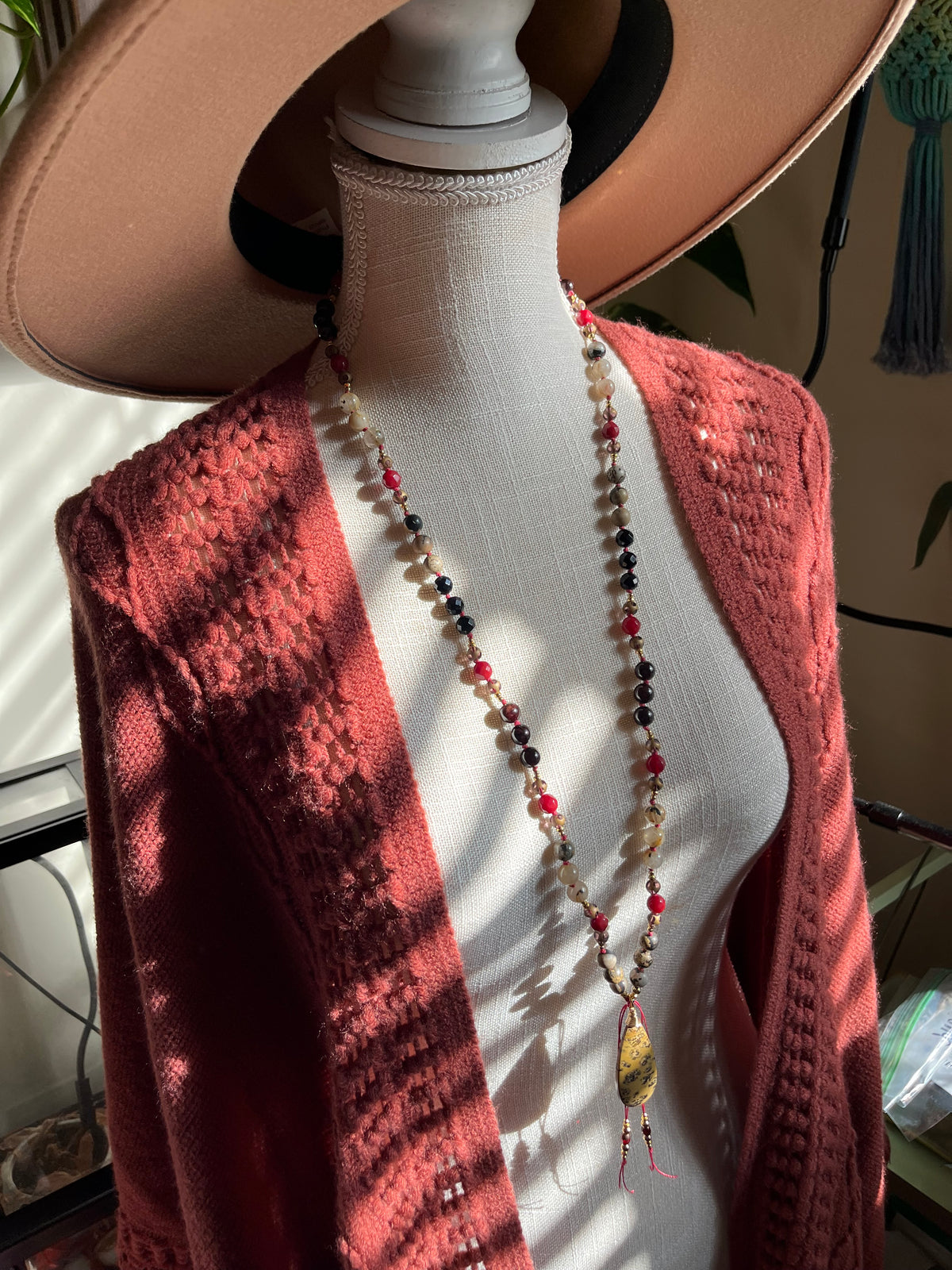 Handmade Leopard Jasper Mala Necklace | Onyx, Coral, Rutile Quartz Beads (Vintage Style)