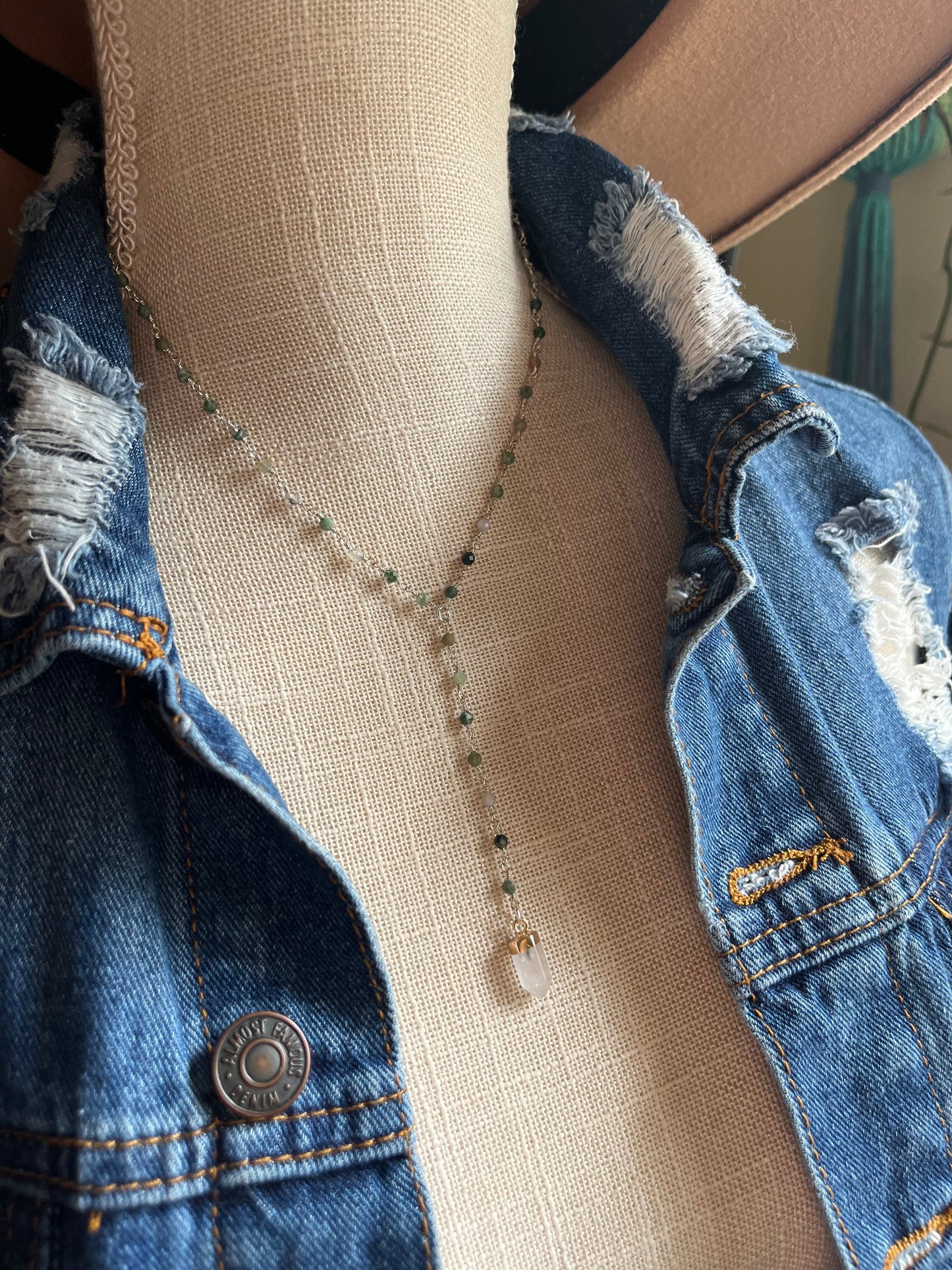 Moss Agate Lariat Necklace, Beaded Gemstone Chain, Quartz Gemstone, Grounding jewelry