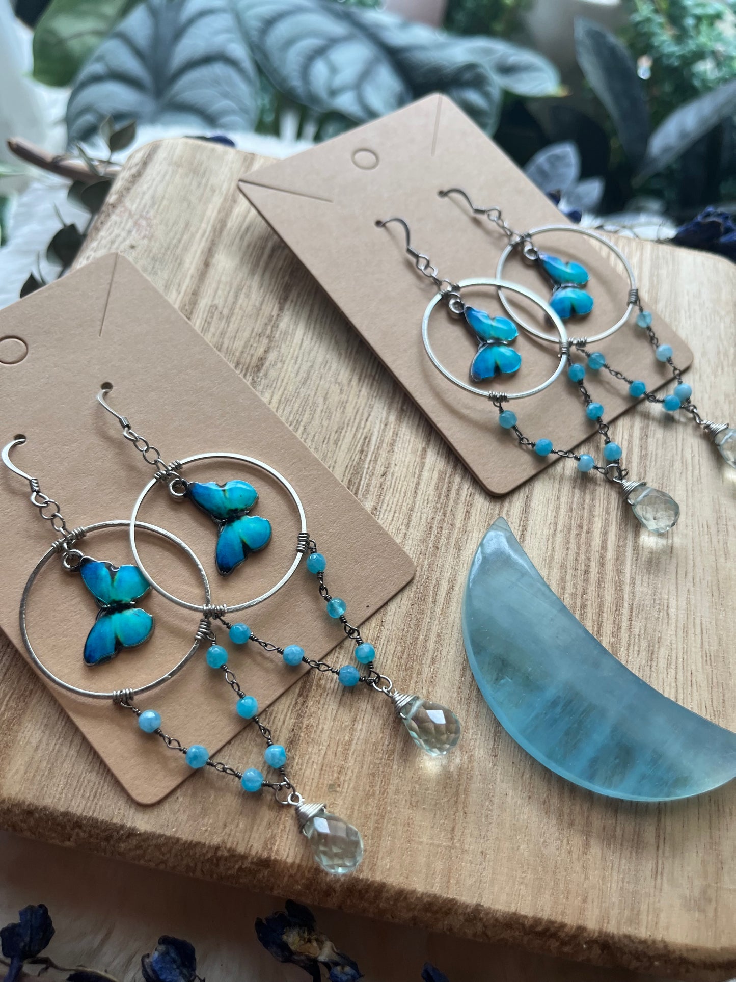 Blue Morpho hoop earrings with Monalisa stone and Blue Quartz teardrops