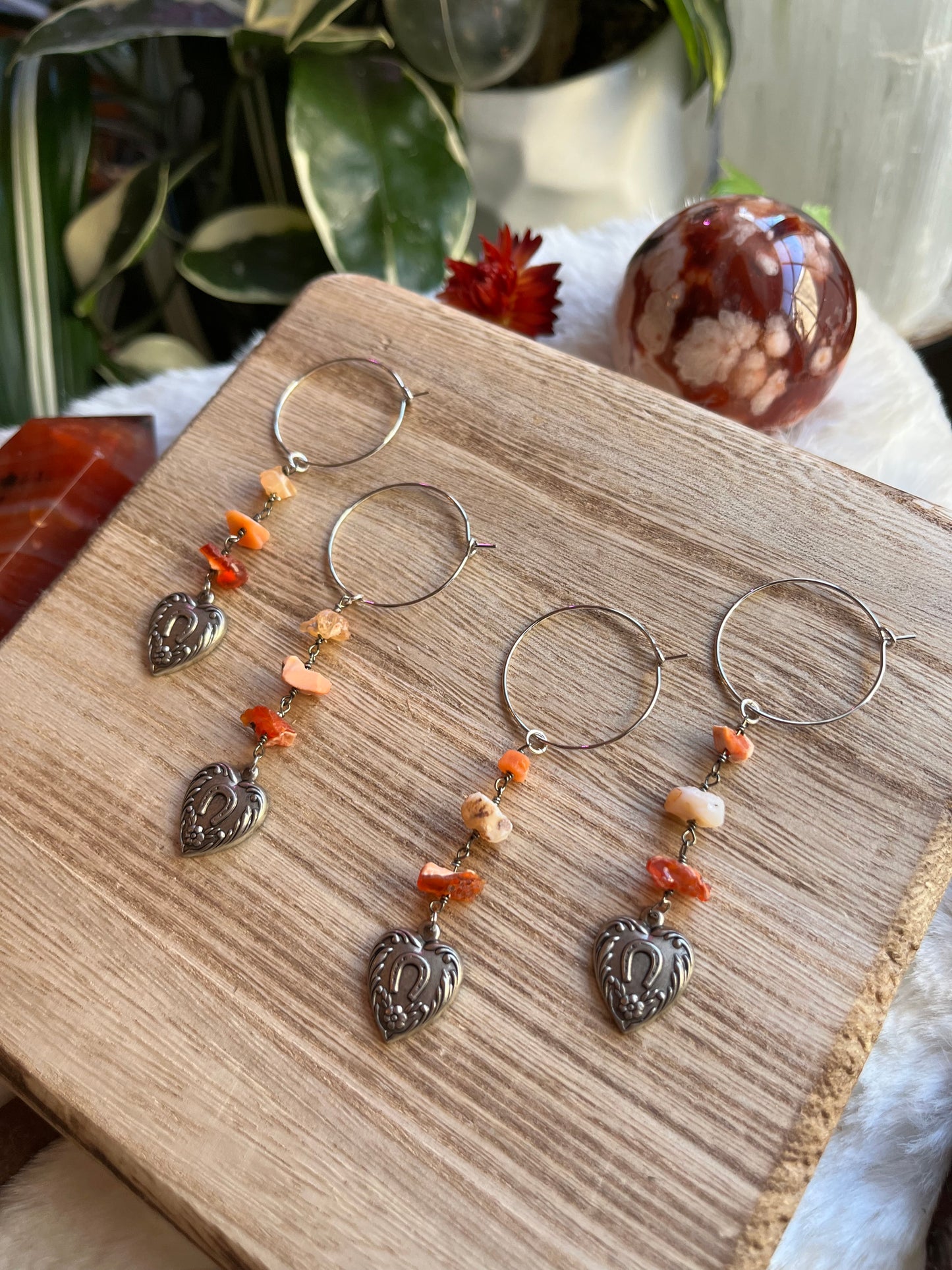 Fire Opal hoop earrings, Mexican Fire Opal, opal jewelry, lucky charm jewelry, horseshoe, horse girl, good luck charms, fire opal earrings
