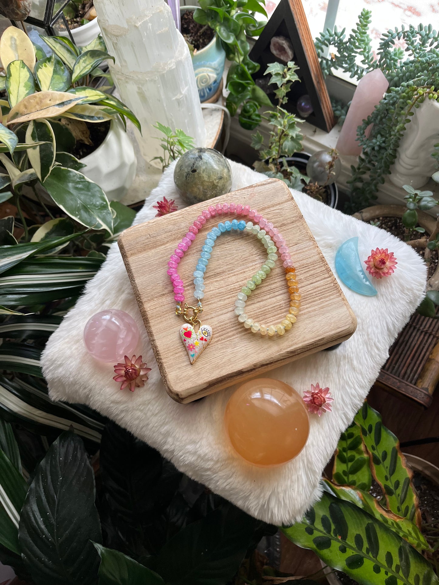 Pastel Daydream, Pastel Jade Gemstone Choker, Gold Filled Clasp, Enamel Charm