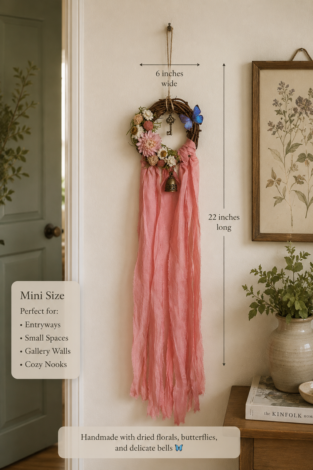 Butterfly Fairy Blessing Bells, Wreath with Dried Florals, Roses, Key Charm