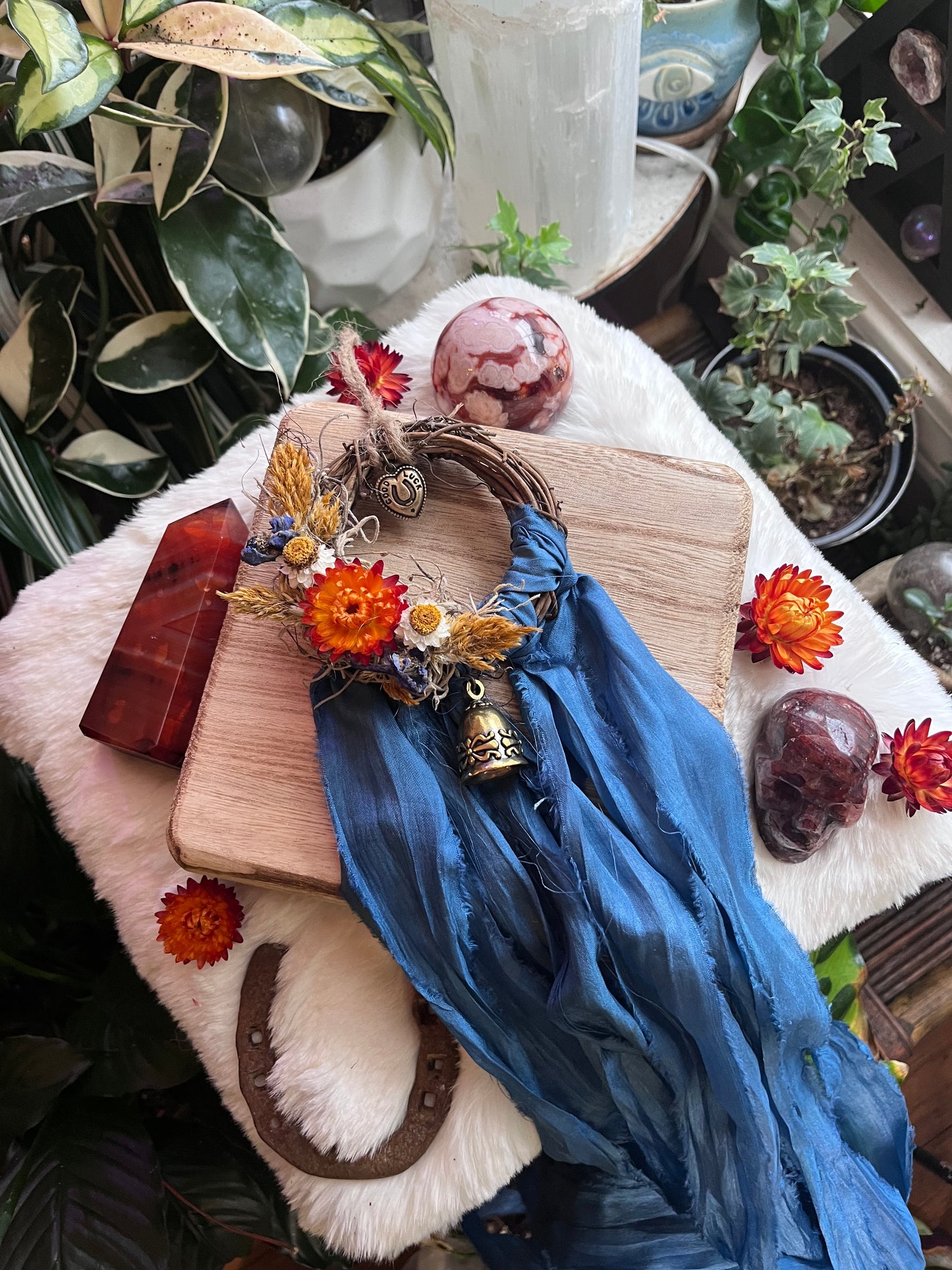 Fire Horse Protection Wreath with Witch Bells: Pagan Altar Decor