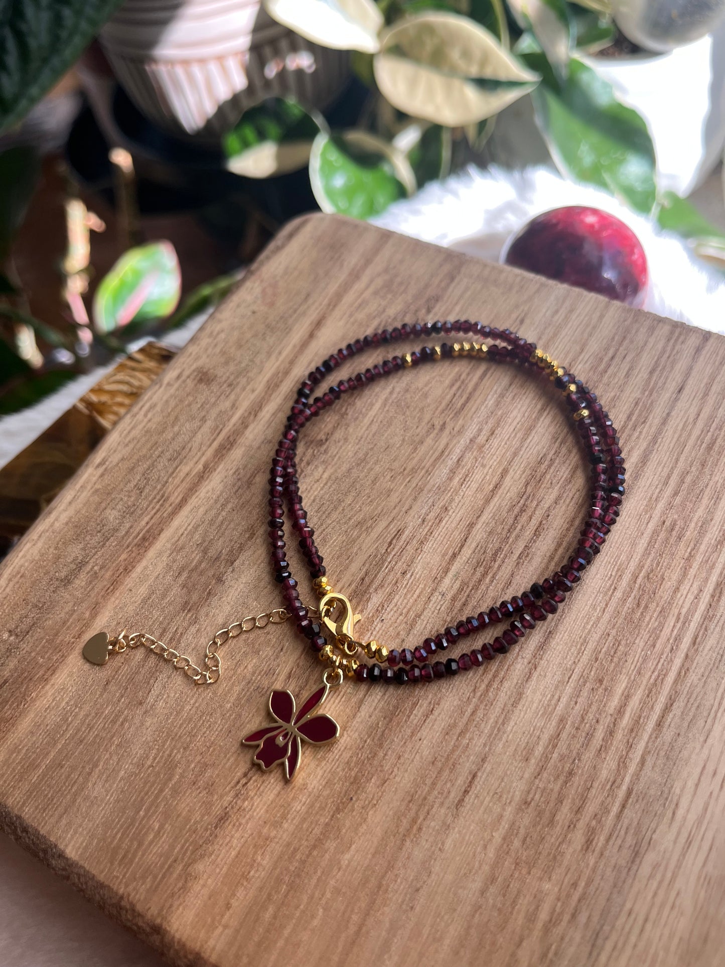Garnet Orchid Necklace in Deep Red and Gold