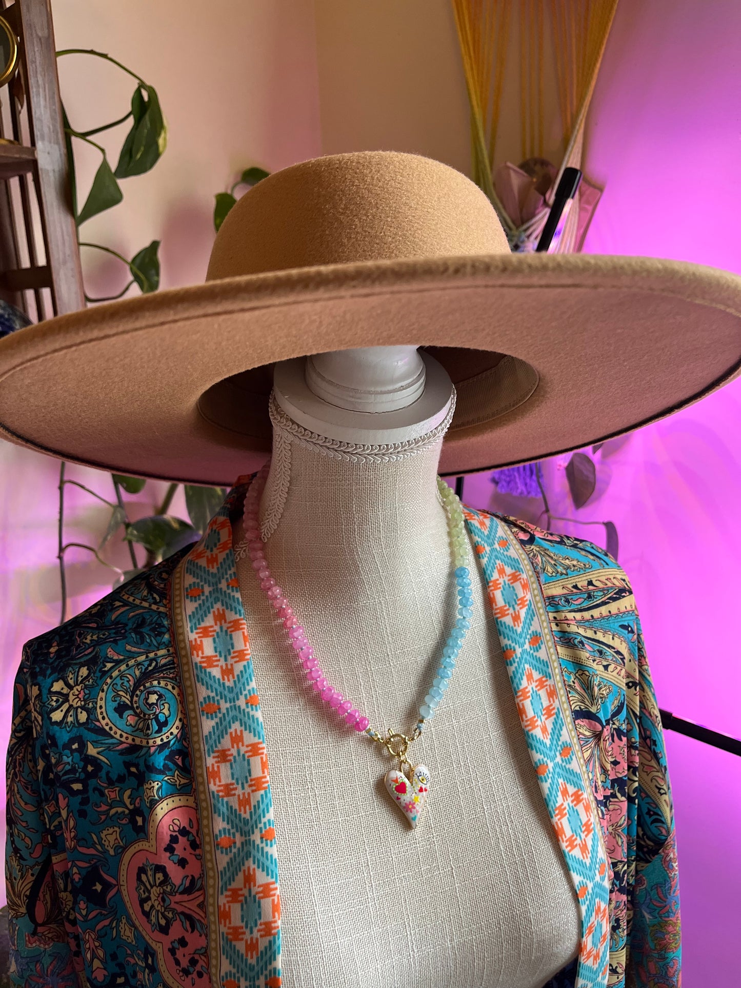 Pastel Daydream, Pastel Jade Gemstone Choker, Gold Filled Clasp, Enamel Charm