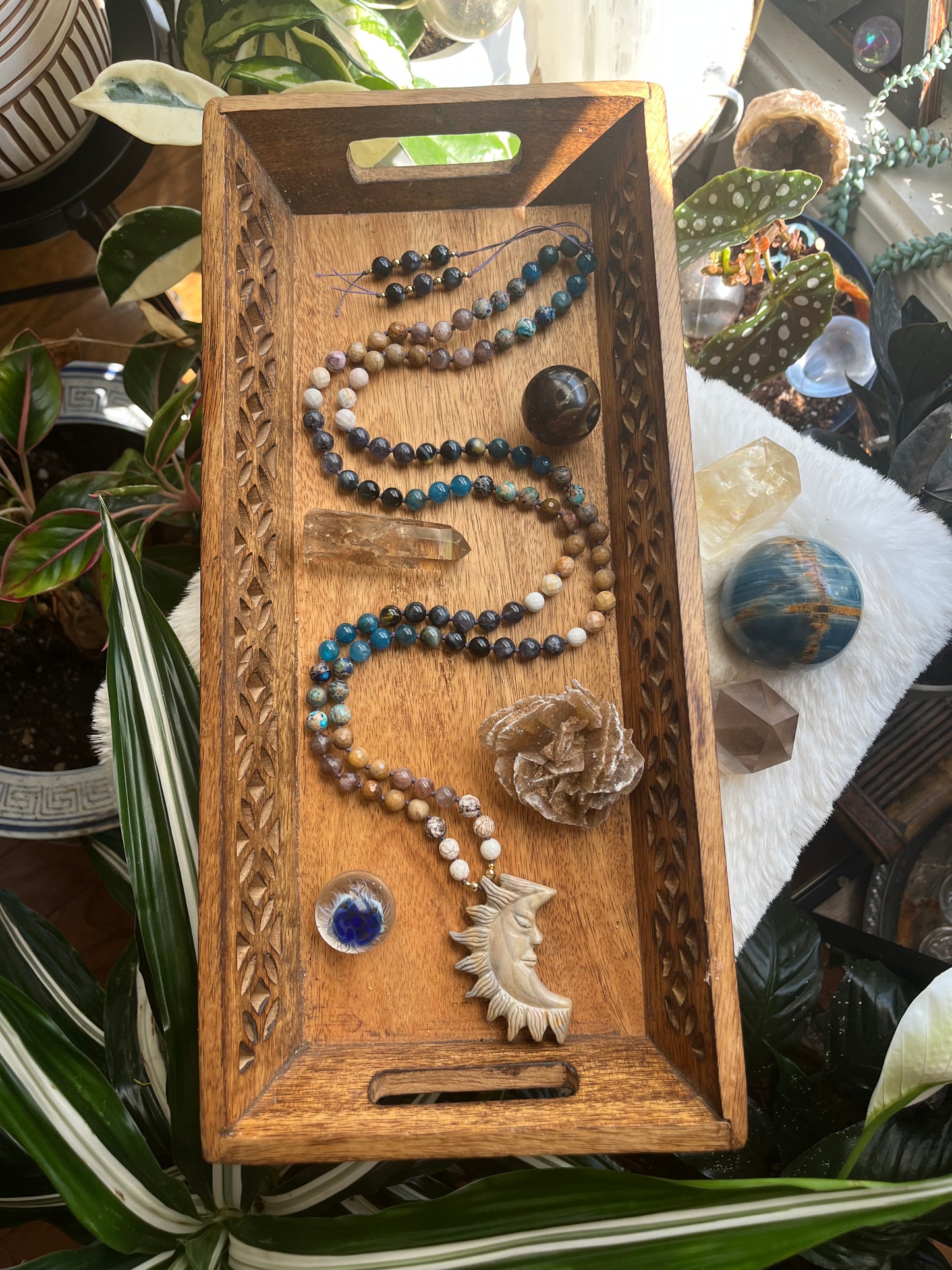 Sunkeeper Mala Necklace — Carved Jasper Sun Crescent
