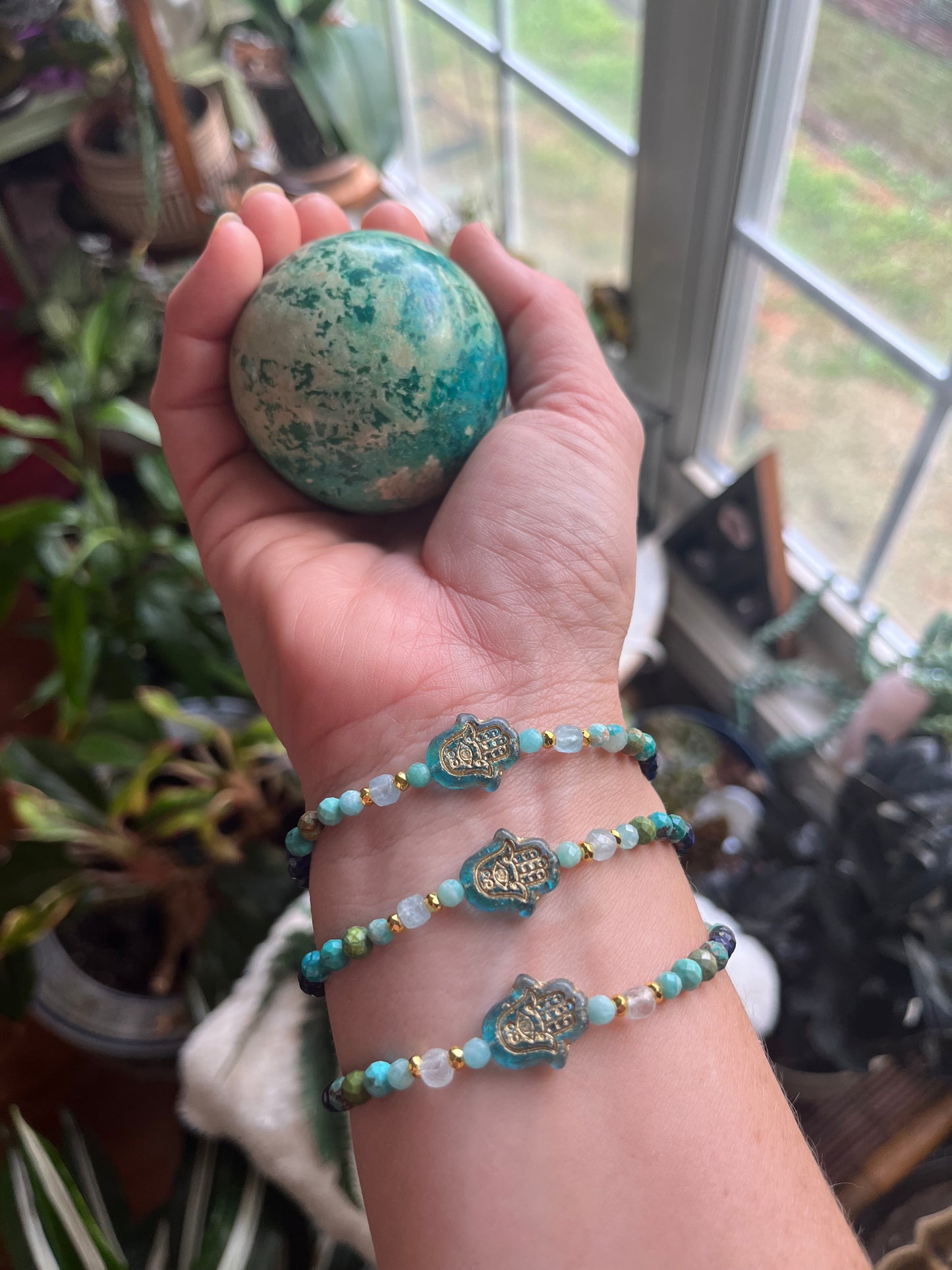 Hamsa Bracelet · Lapis Lazuli Turquoise Amazonite · Boho Spiritual Beaded Bracelet · Czech Glass Hamsa · Handmade Protection Jewelry