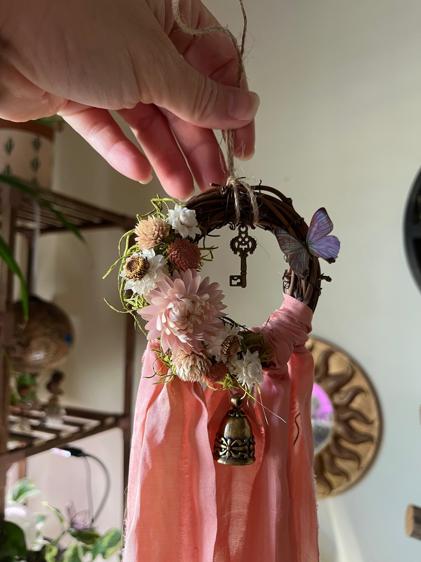 Butterfly Fairy Blessing Bells, Wreath with Dried Florals, Roses, Key Charm