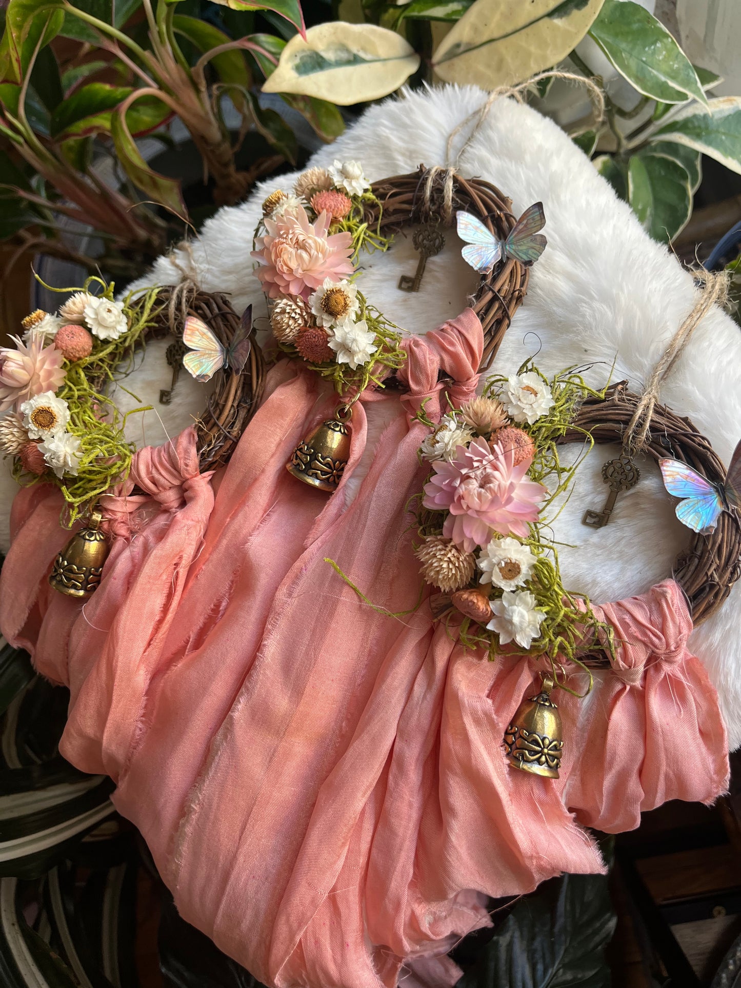 Butterfly Fairy Blessing Bells, Wreath with Dried Florals, Roses, Key Charm