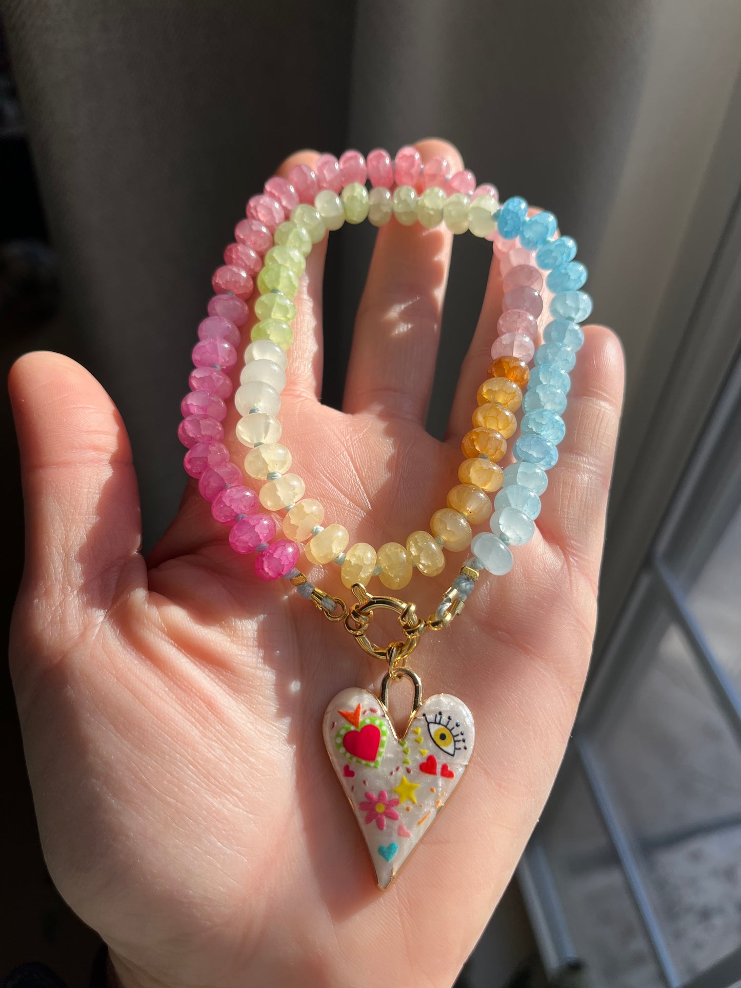 Pastel Daydream, Pastel Jade Gemstone Choker, Gold Filled Clasp, Enamel Charm
