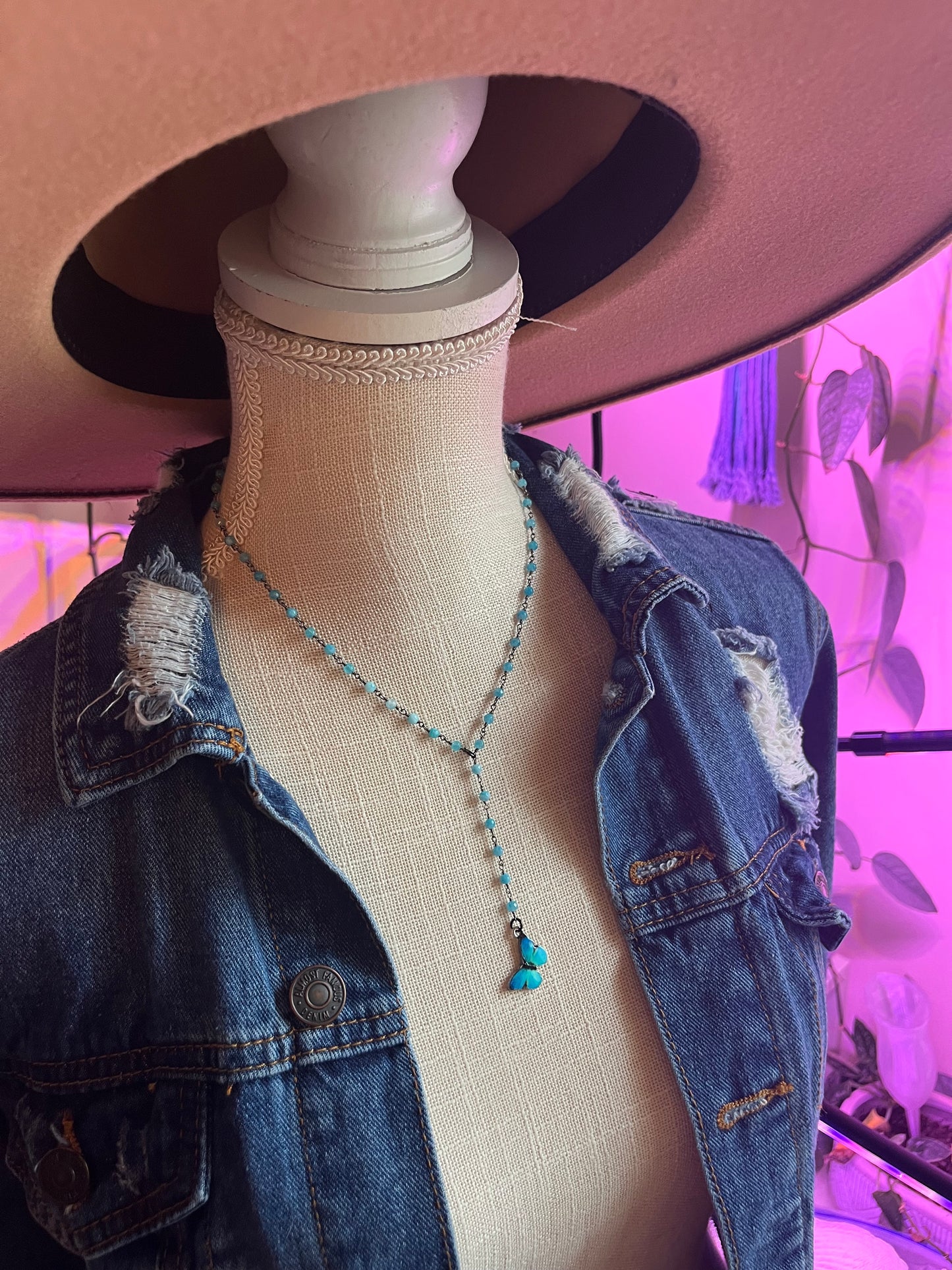 Blue Morpho Butterfly Lariat Necklace, Beaded Gunmetal Chain, Monalisa Gemstone