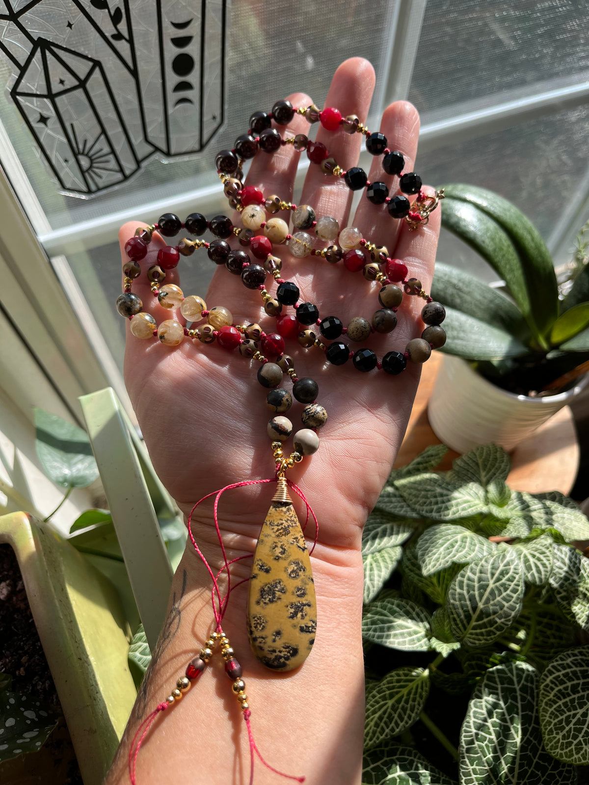 Handmade Leopard Jasper Mala Necklace | Onyx, Coral, Rutile Quartz Beads (Vintage Style)