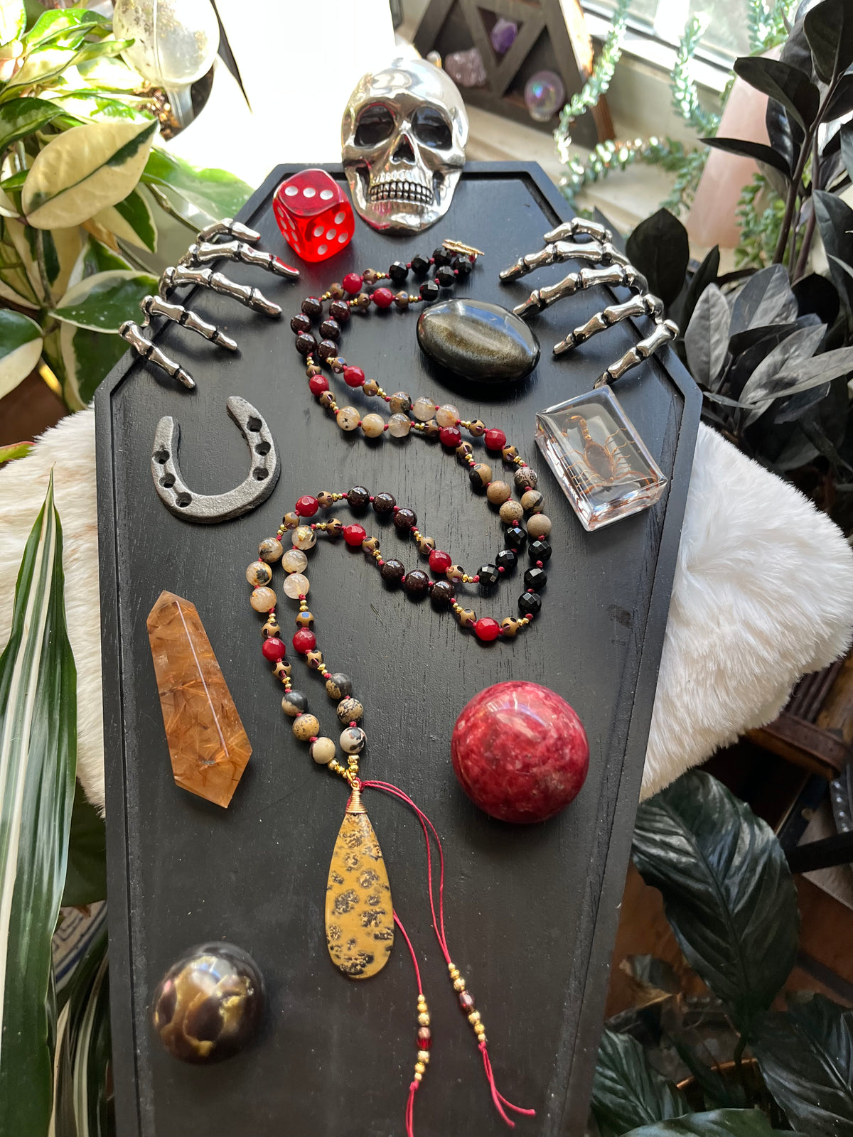 Handmade Leopard Jasper Mala Necklace | Onyx, Coral, Rutile Quartz Beads (Vintage Style)