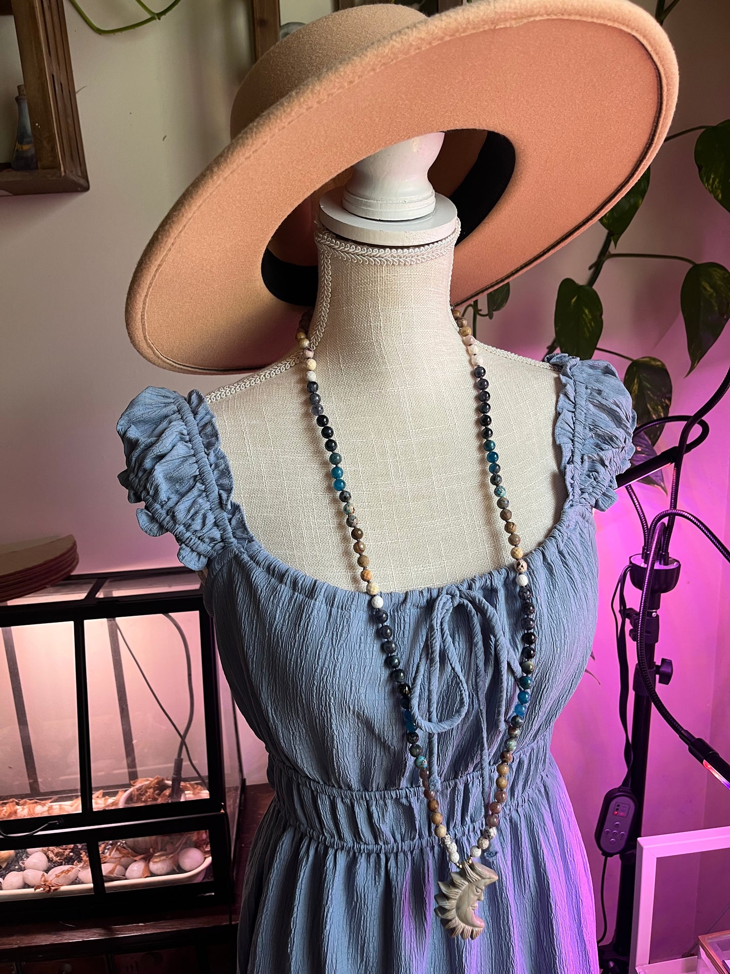Sunkeeper Mala Necklace — Carved Jasper Sun Crescent