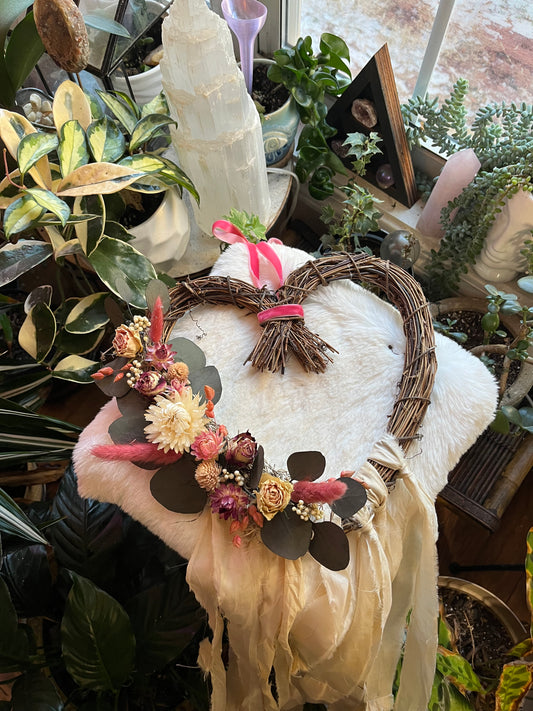 Love Witch Wreath: Aphrodite Altar Wreath with Strawflower, Roses, Eucalyptus and sari ribbon