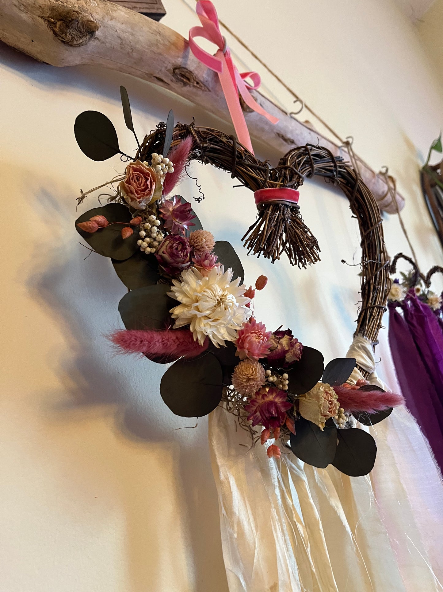 Love Witch Wreath: Aphrodite Altar Wreath with Strawflower, Roses, Eucalyptus and sari ribbon