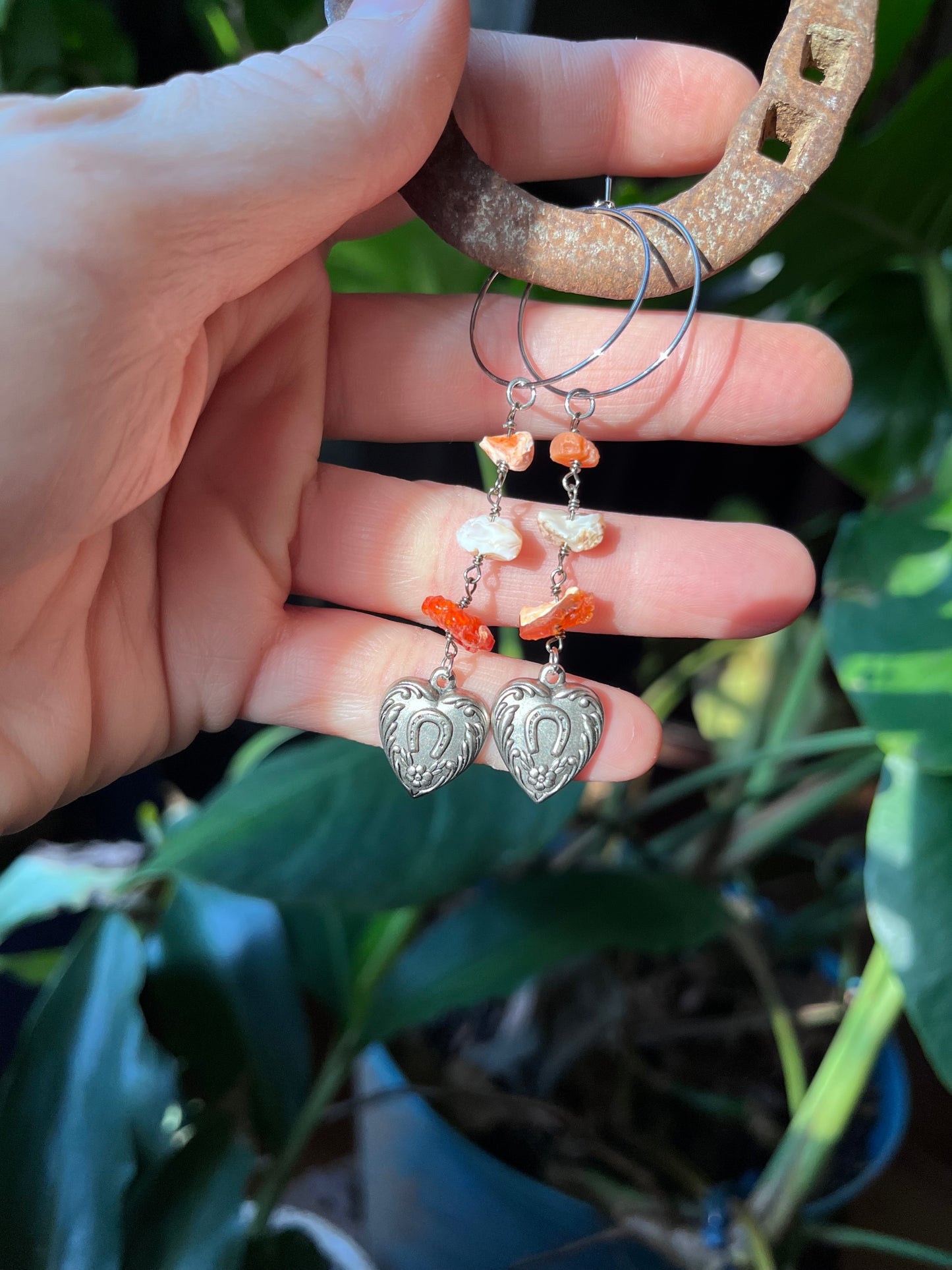 Fire Opal hoop earrings, Mexican Fire Opal, opal jewelry, lucky charm jewelry, horseshoe, horse girl, good luck charms, fire opal earrings