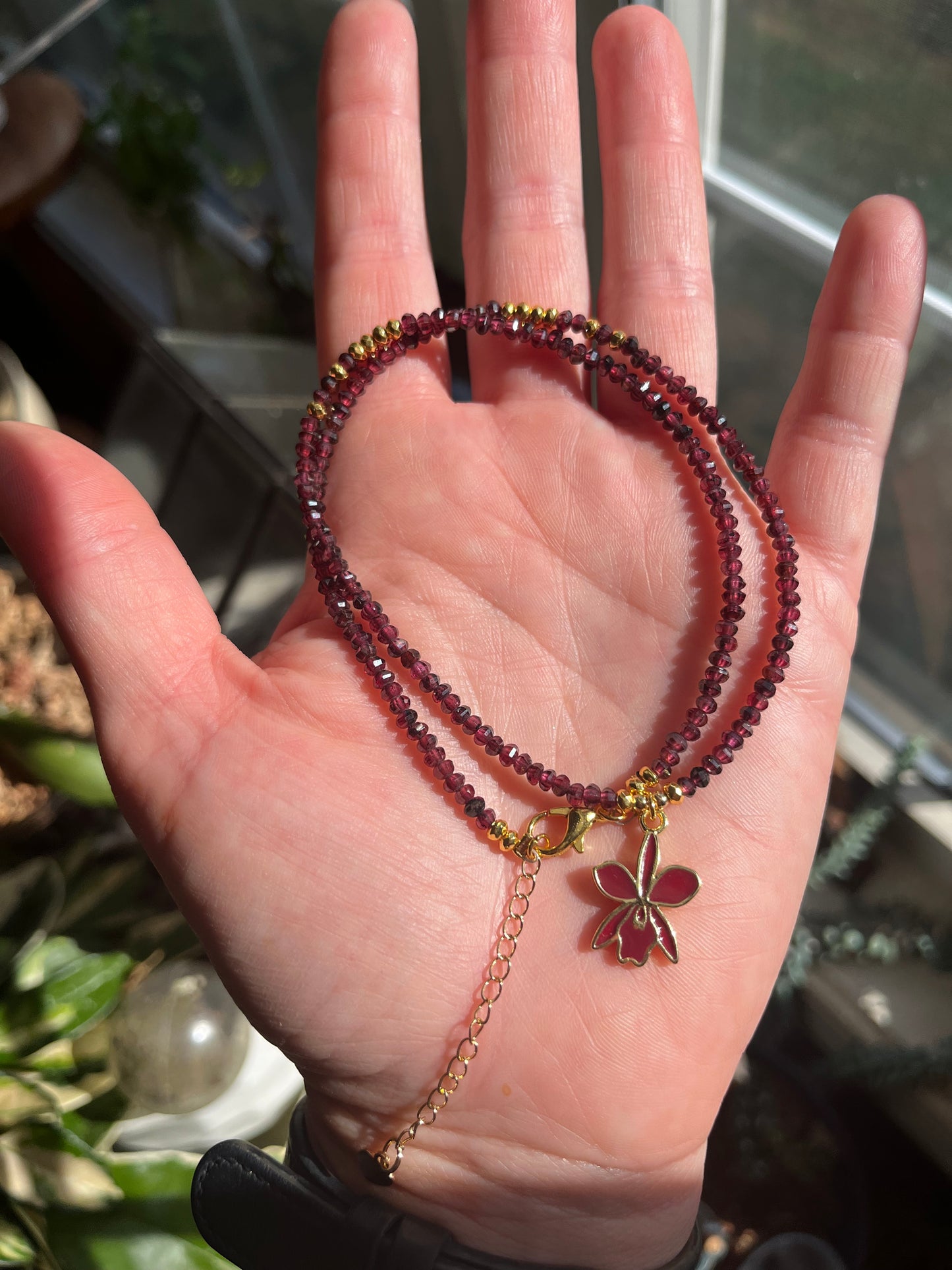 Garnet Orchid Necklace in Deep Red and Gold