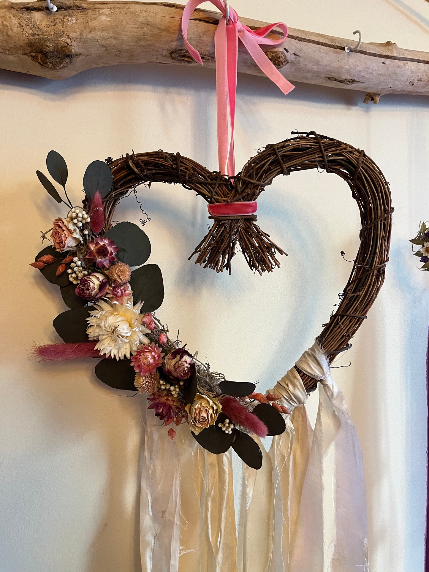 Love Witch Wreath: Aphrodite Altar Wreath with Strawflower, Roses, Eucalyptus and sari ribbon