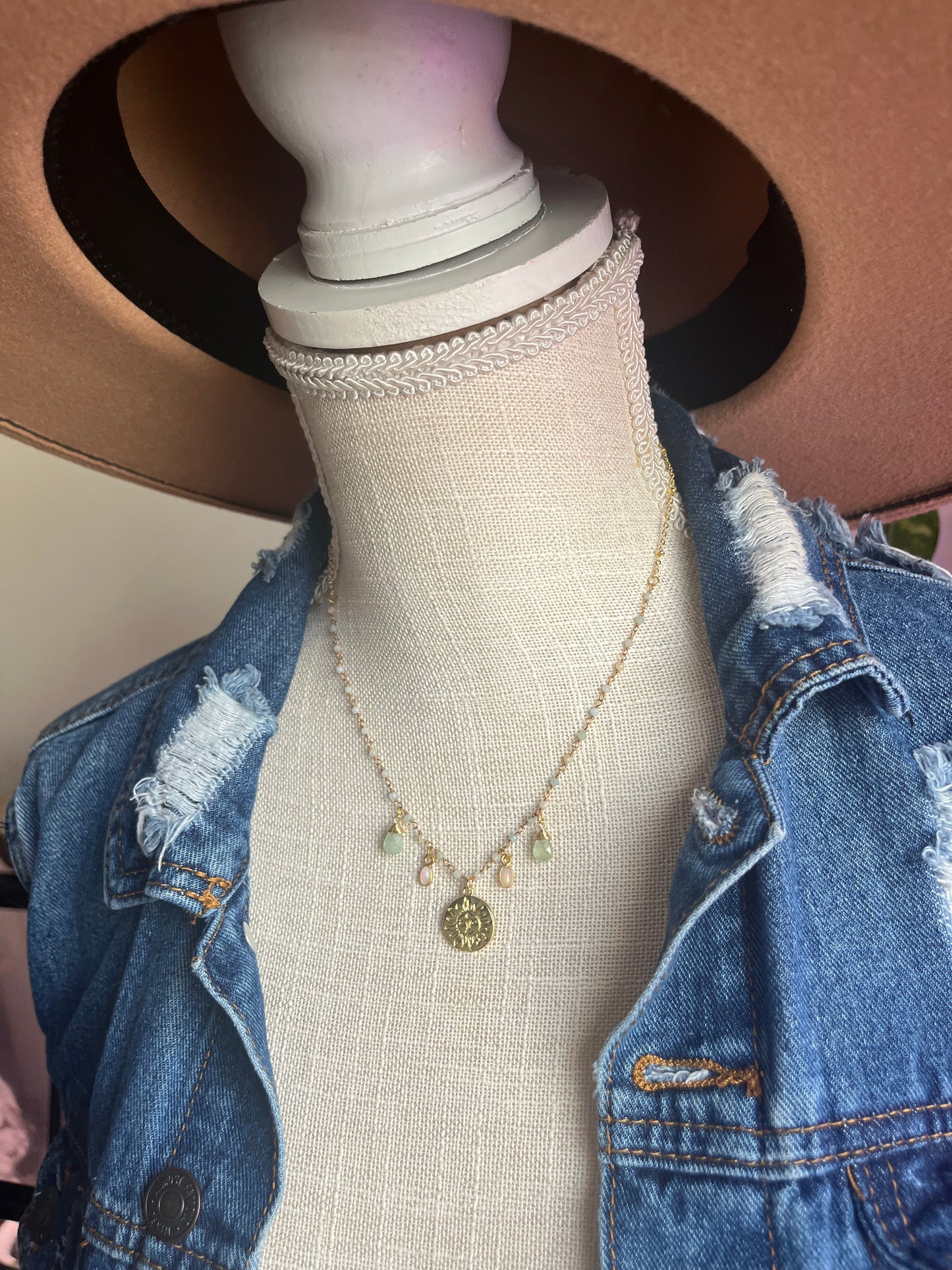 Opal & Aquamarine Sun Charm Necklace in Gold Fill