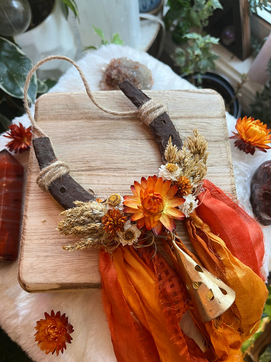 Fire Horse Lucky Horseshoe with flowers: Pagan Altar Decor