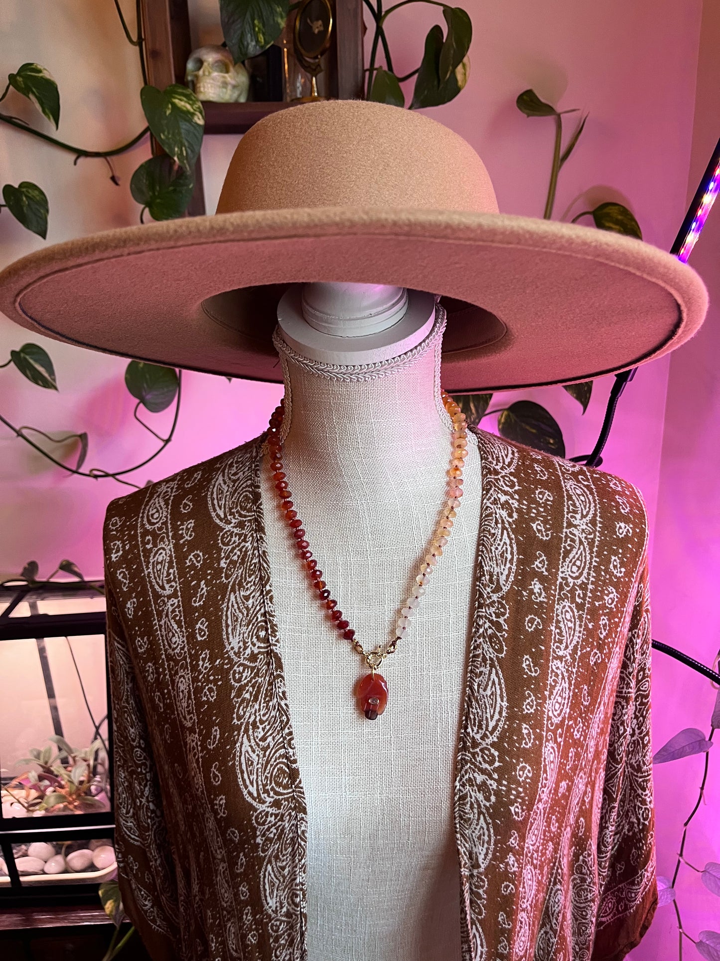 Hamsa necklace, “Fire Within” gem candy necklace, carnelian necklace, carnelian jewelry, knotted rondelle necklace, luxe gem necklace