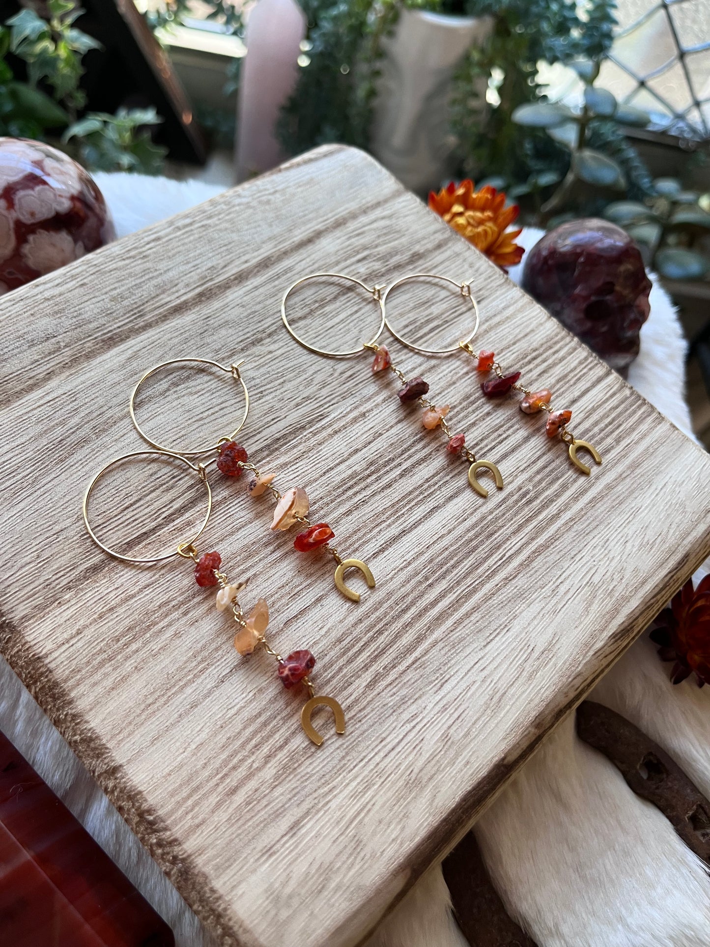 Fire Opal hoop earrings, Mexican Fire Opal, opal jewelry, lucky charm jewelry, horseshoe, horse girl, good luck charms, fire opal earrings