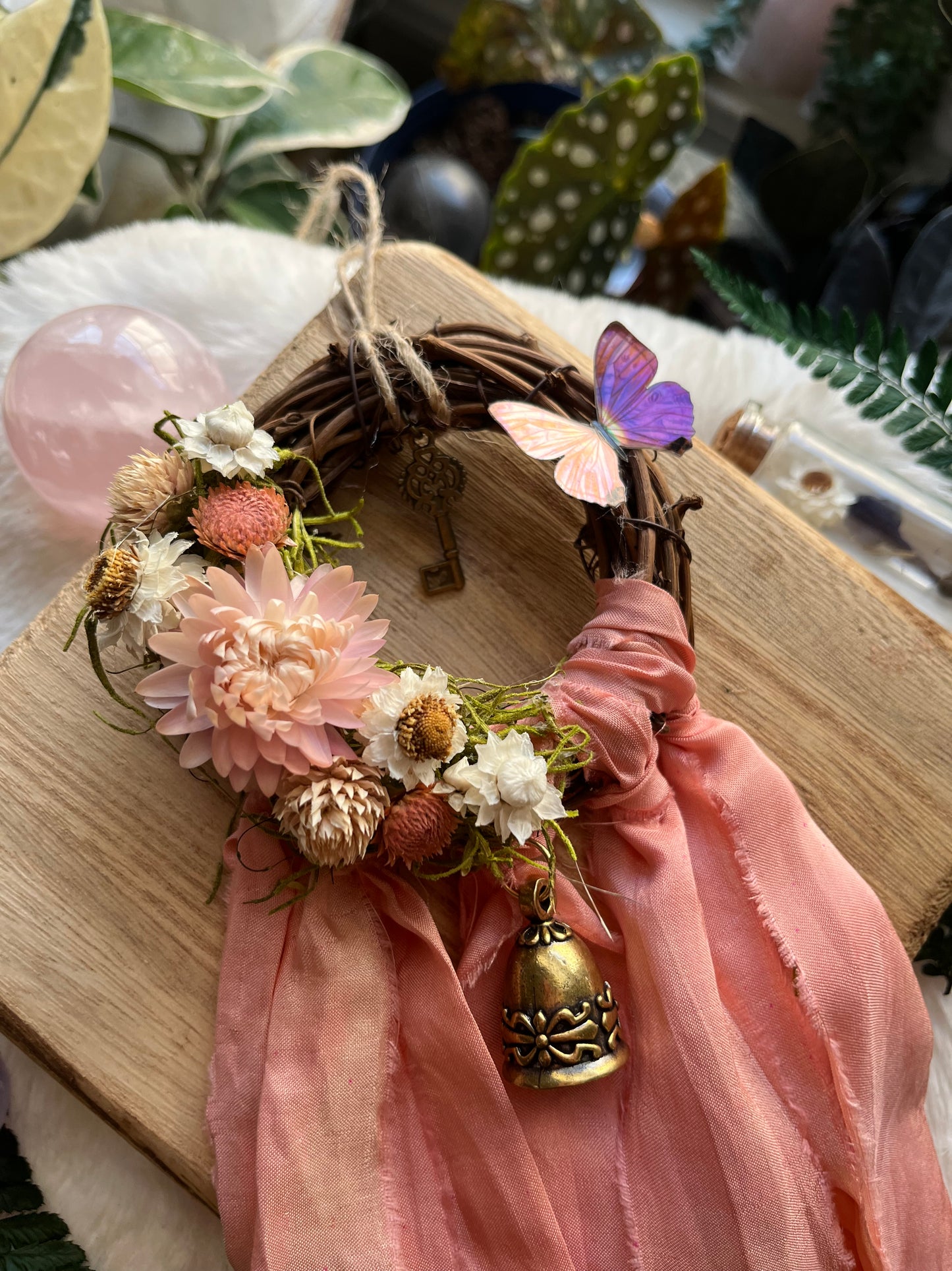 Butterfly Fairy Blessing Bells, Wreath with Dried Florals, Roses, Key Charm