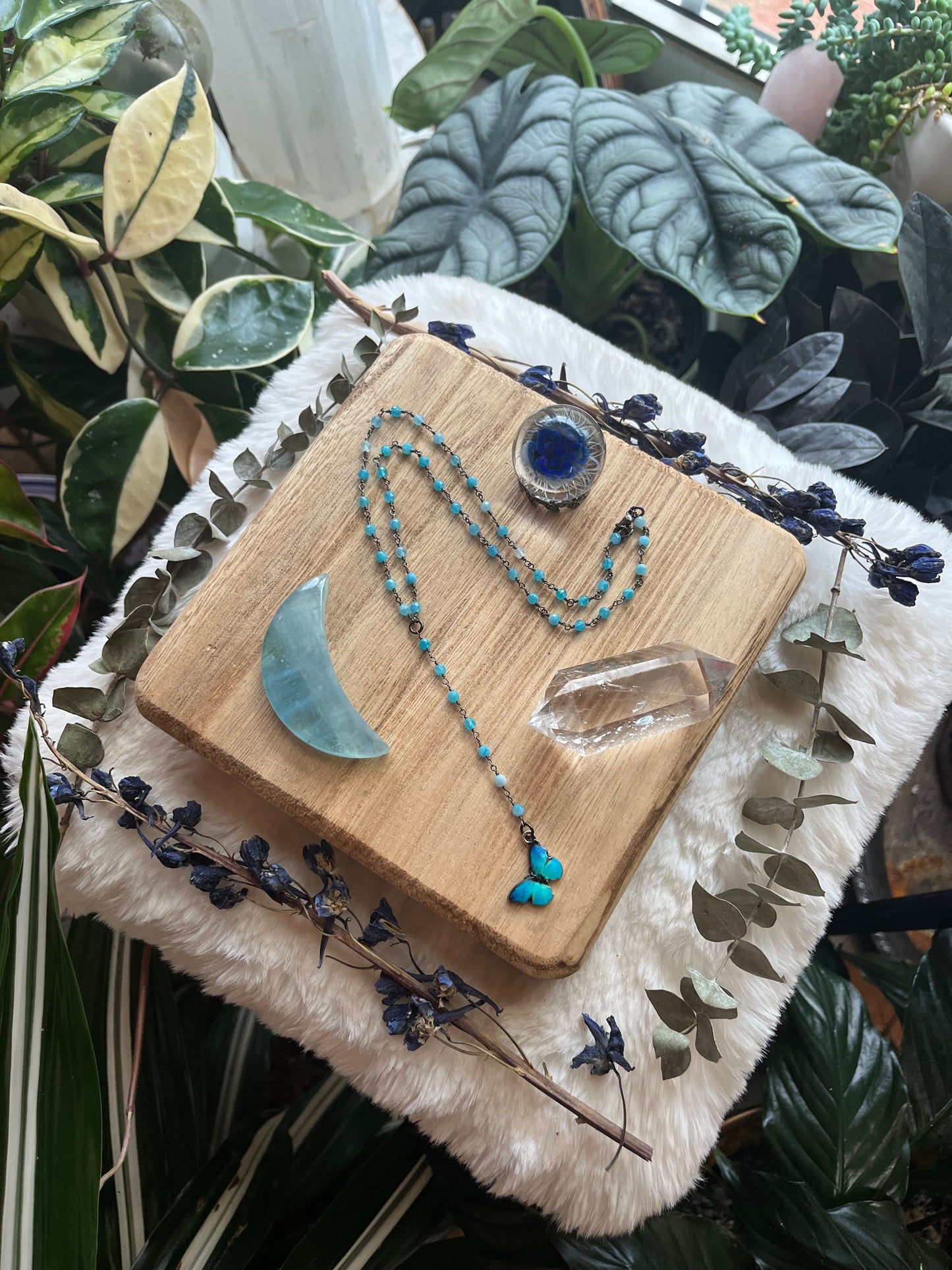 Blue Morpho Butterfly Lariat Necklace, Beaded Gunmetal Chain, Monalisa Gemstone