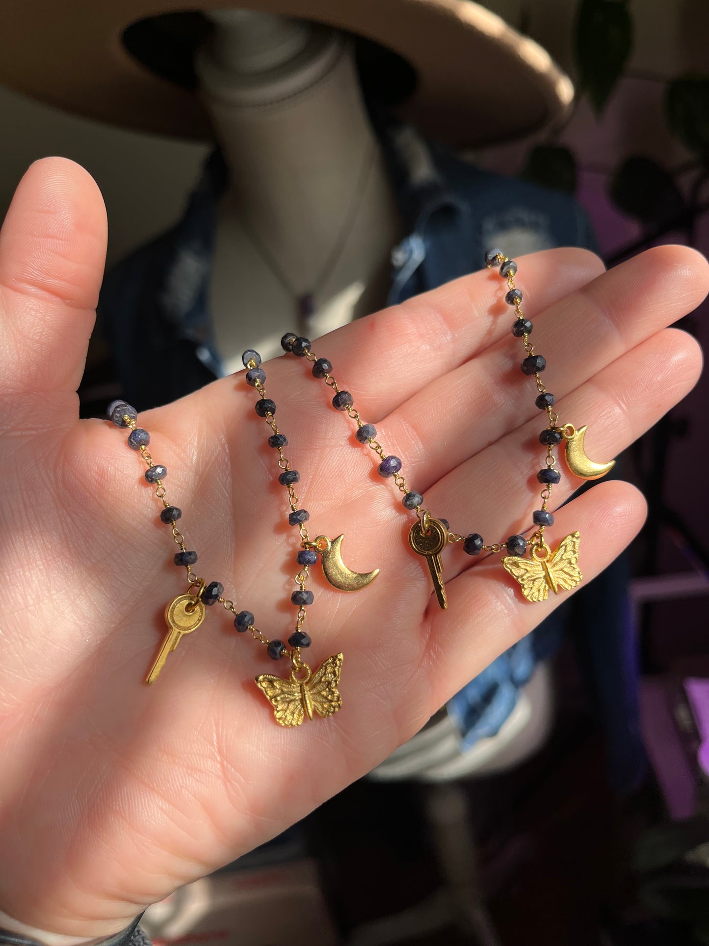 Sapphire & Gold Charm Necklace — Key, Moon & Butterfly