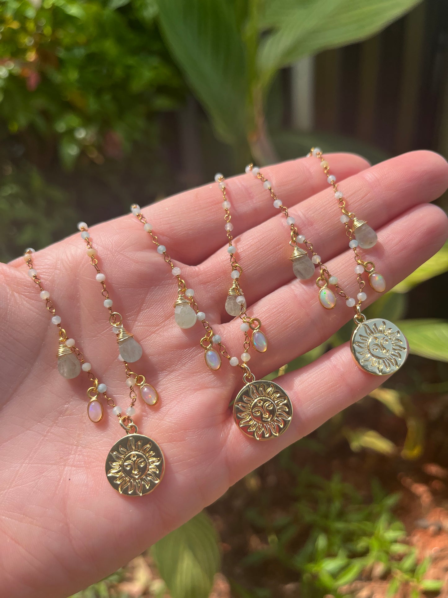 Opal & Aquamarine Sun Charm Necklace in Gold Fill