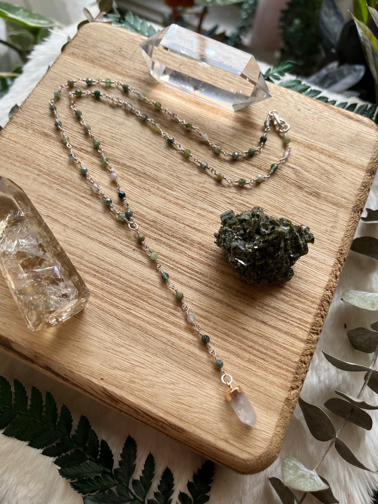 Moss Agate Lariat Necklace, Beaded Gemstone Chain, Quartz Gemstone, Grounding jewelry