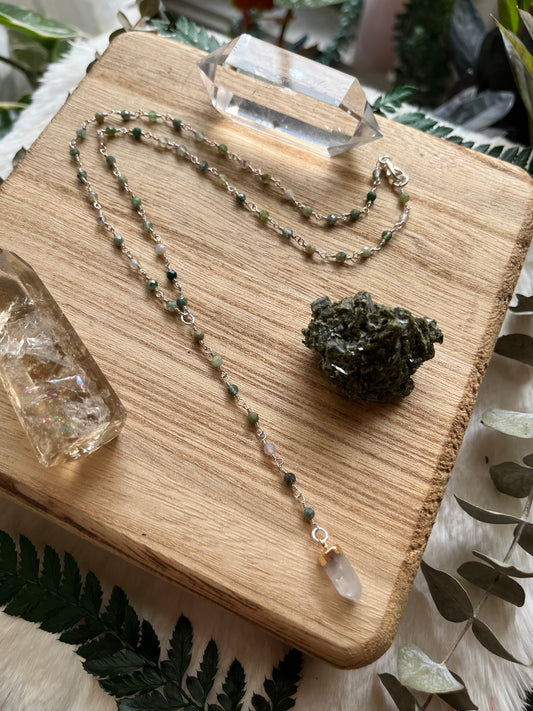 Moss Agate Lariat Necklace, Beaded Gemstone Chain, Quartz Gemstone, Grounding jewelry