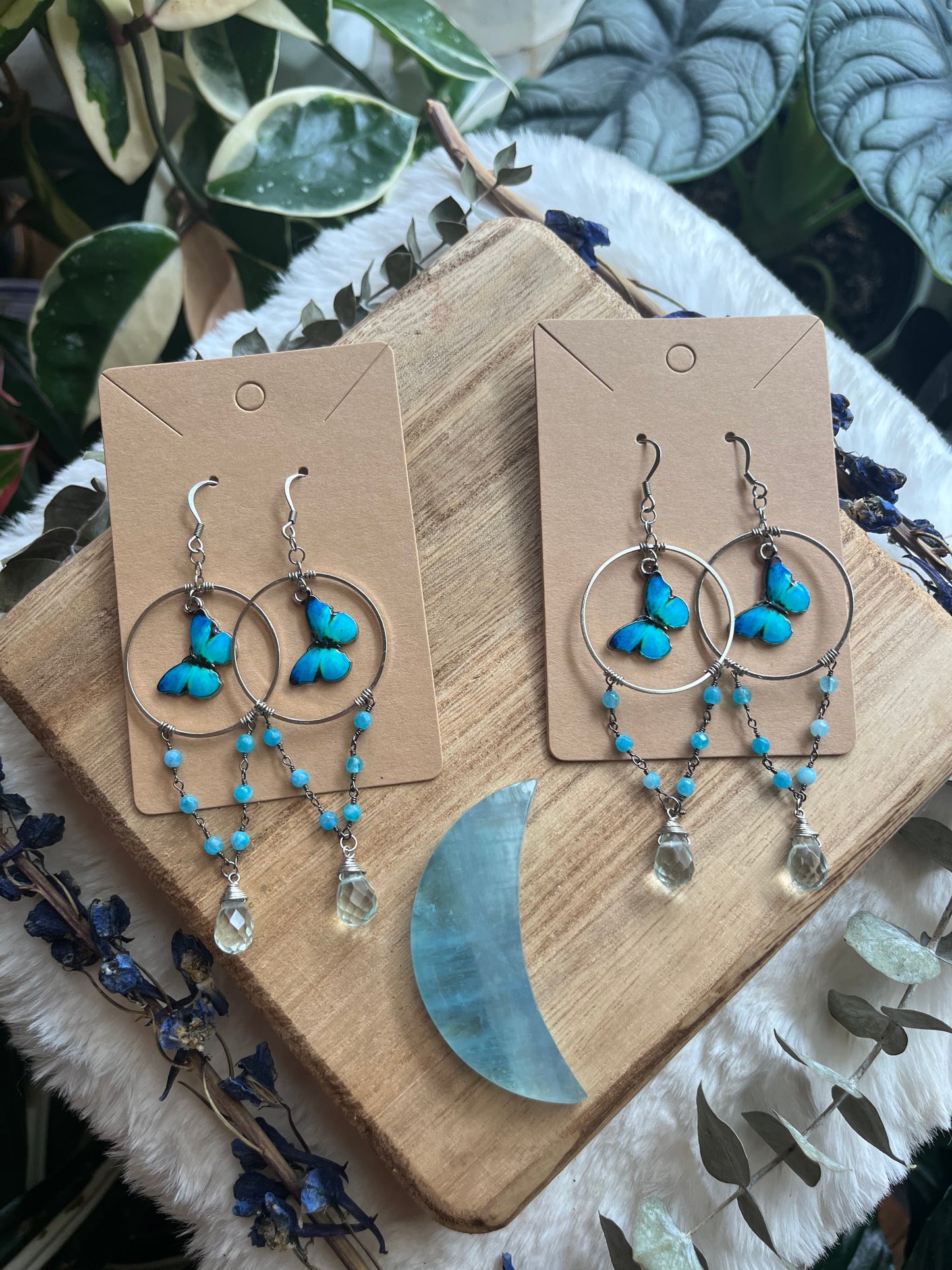 Blue Morpho hoop earrings with Monalisa stone and Blue Quartz teardrops