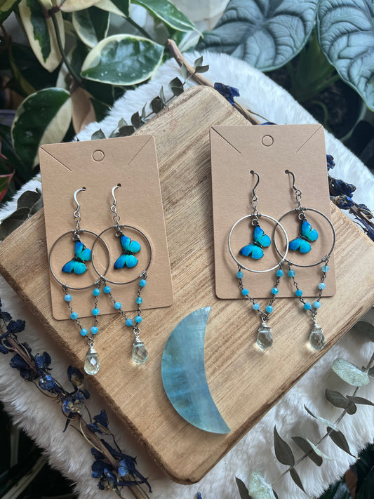 Blue Morpho hoop earrings with Monalisa stone and Blue Quartz teardrops