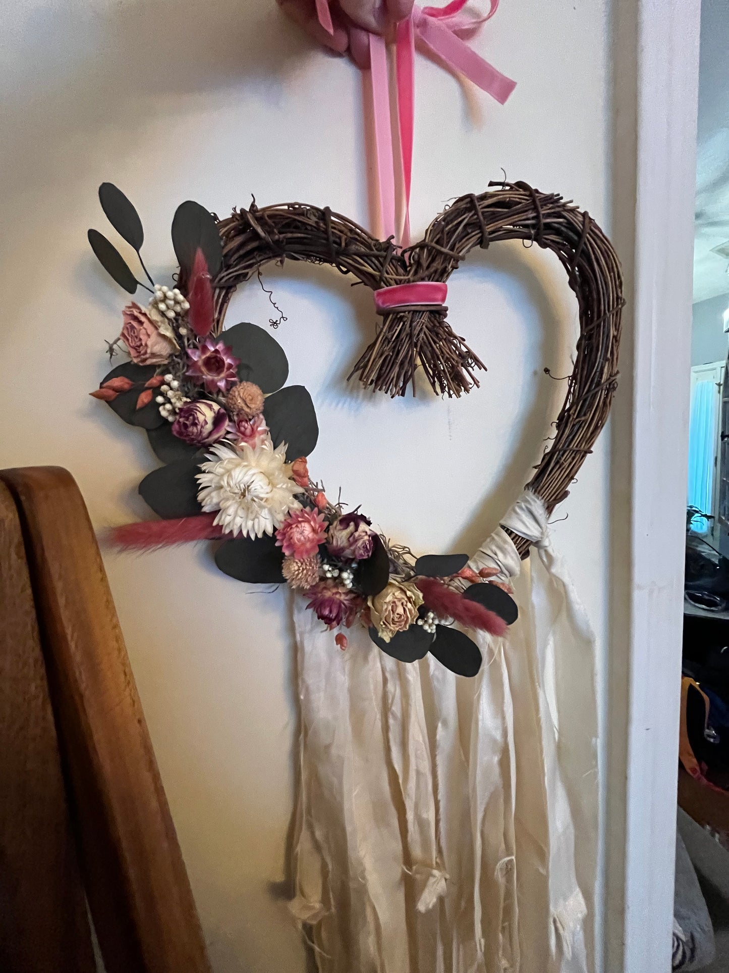 Love Witch Wreath: Aphrodite Altar Wreath with Strawflower, Roses, Eucalyptus and sari ribbon