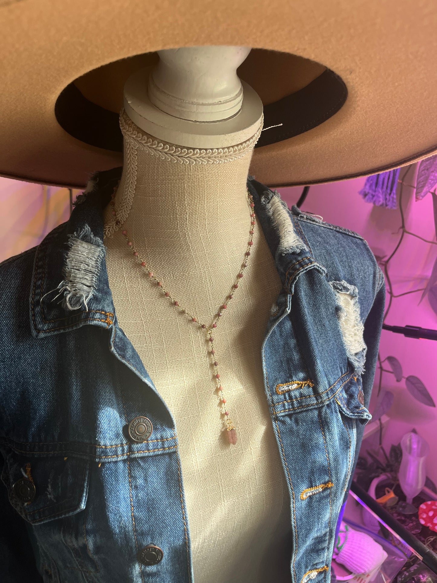 Strawberry Quartz & Rhodonite Y necklace