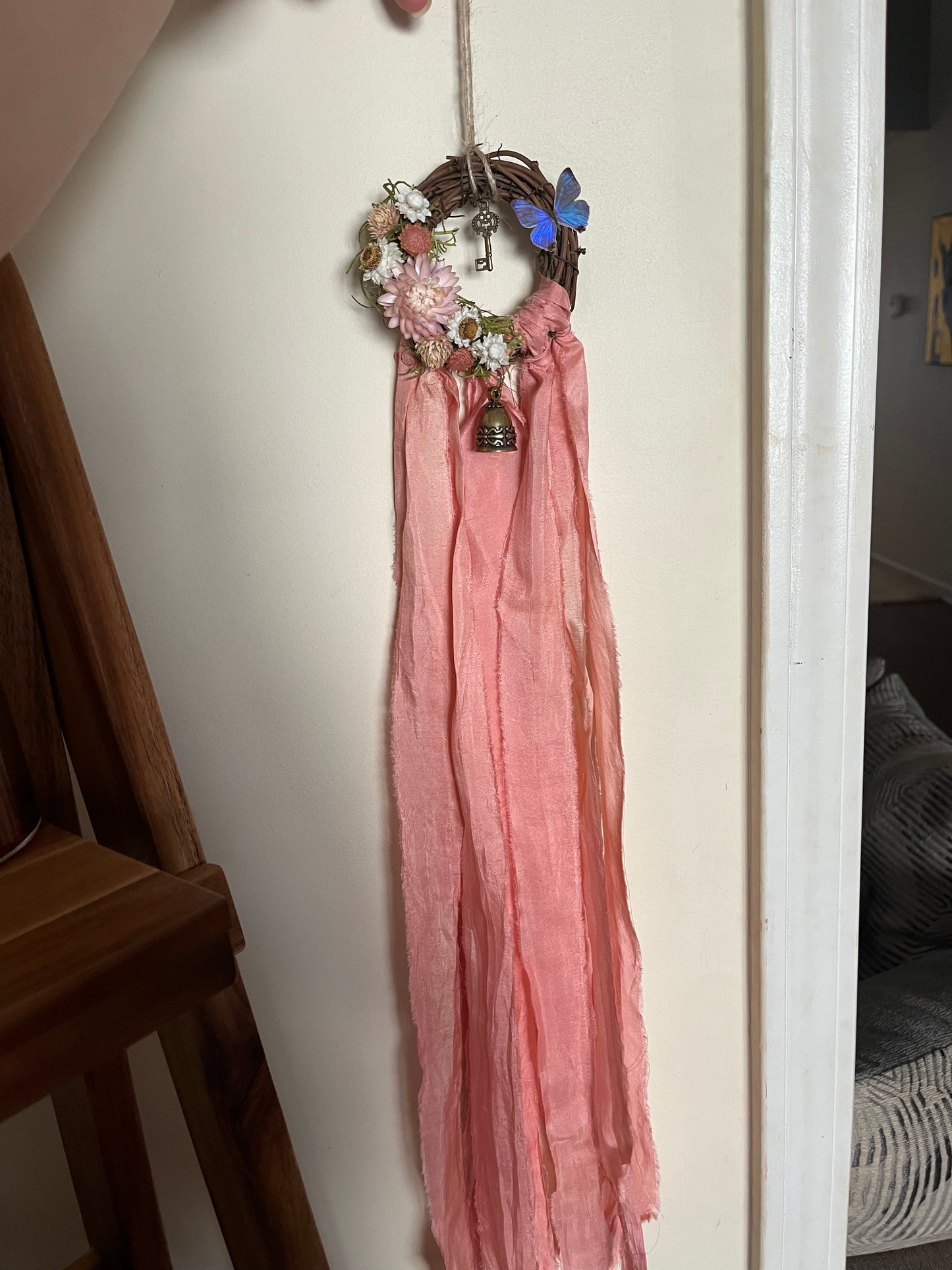 Butterfly Fairy Blessing Bells, Wreath with Dried Florals, Roses, Key Charm