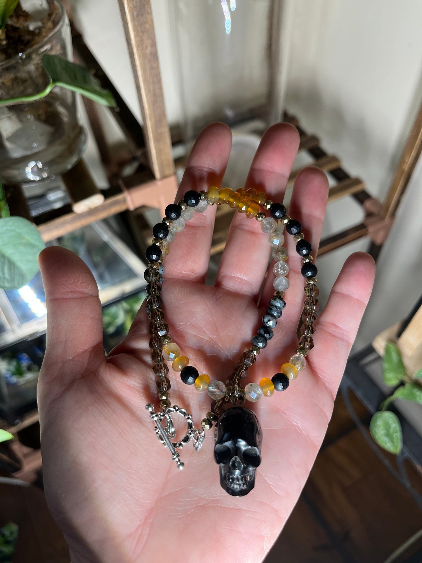 Beaded Skull Necklace – Gemstone Bead Choker with Pyrite Accents, Gothic Witchy Jewelry, Dark Boho Statement Necklace, Crystal Protection Gift for Her