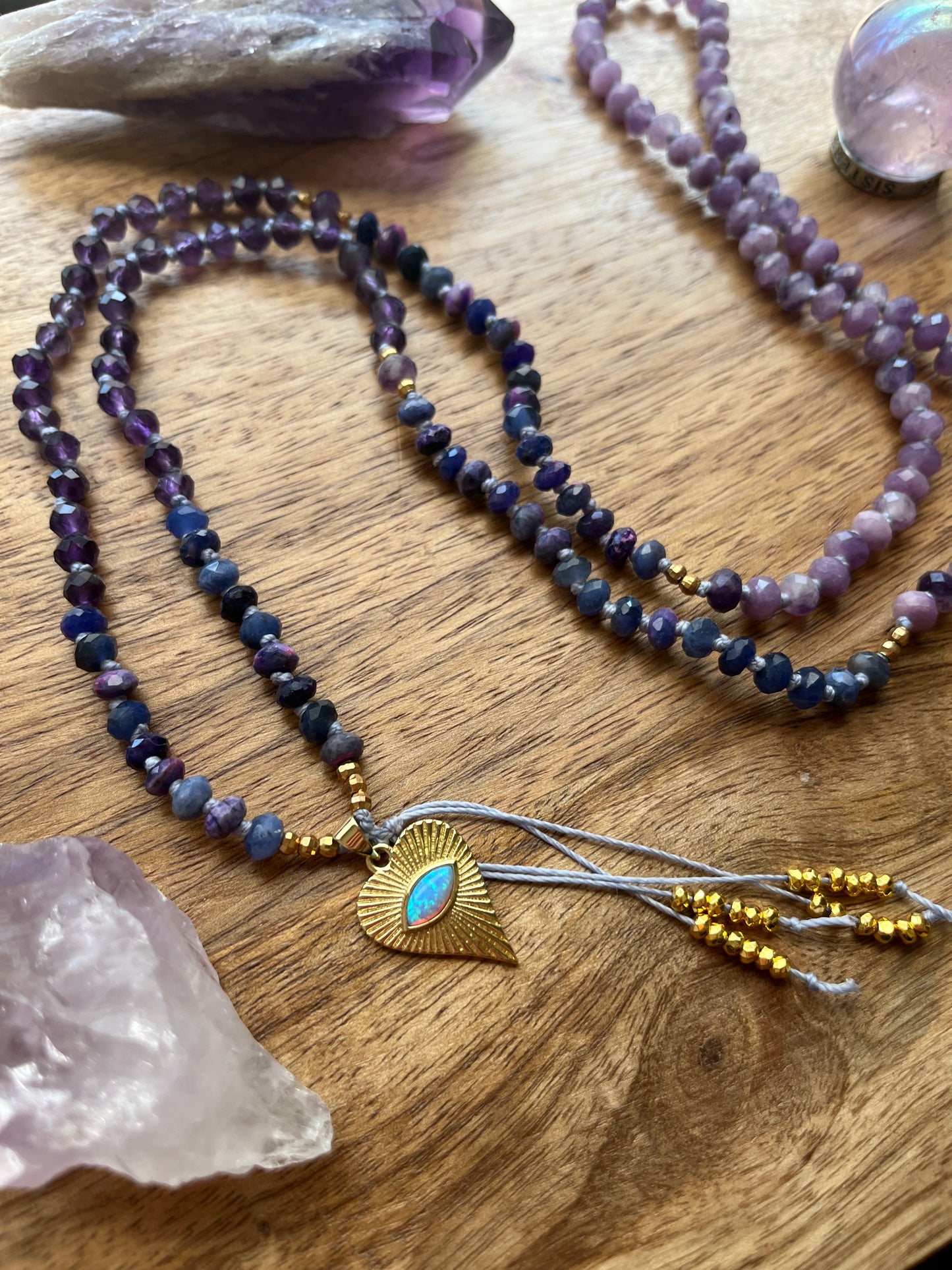 Amethyst, Sugilite, Lepiodlite, mala beads, prayer beads, spirit beads, mala necklace, rondelle mala necklace