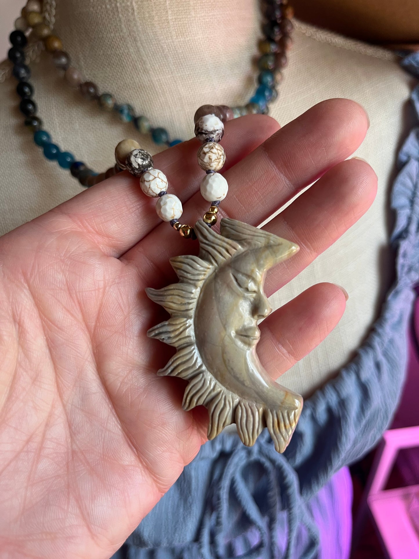 Sunkeeper Mala Necklace — Carved Jasper Sun Crescent