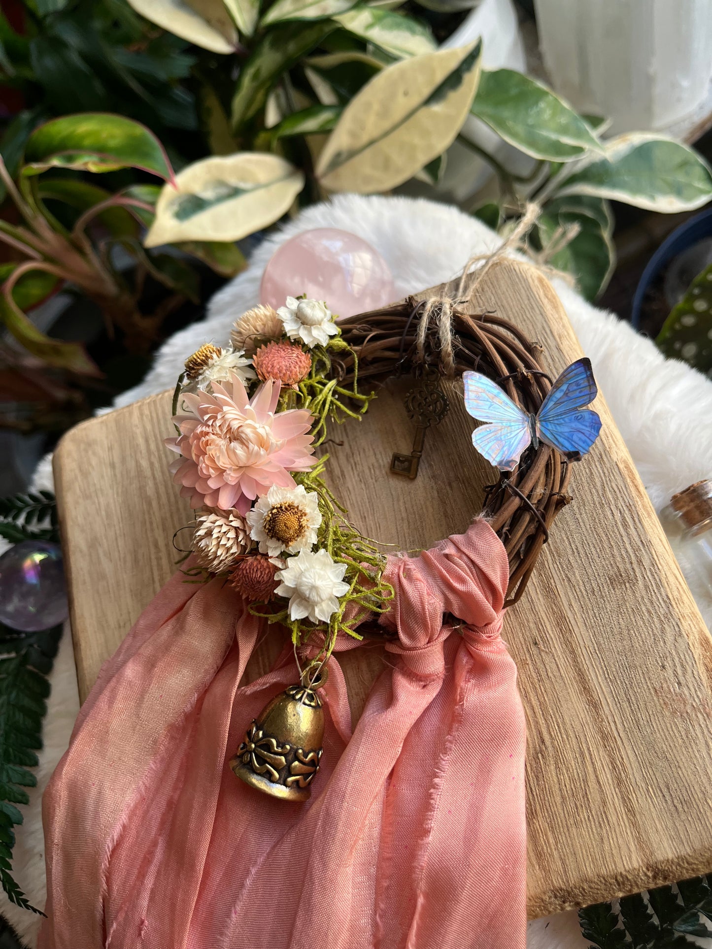Butterfly Fairy Blessing Bells, Wreath with Dried Florals, Roses, Key Charm